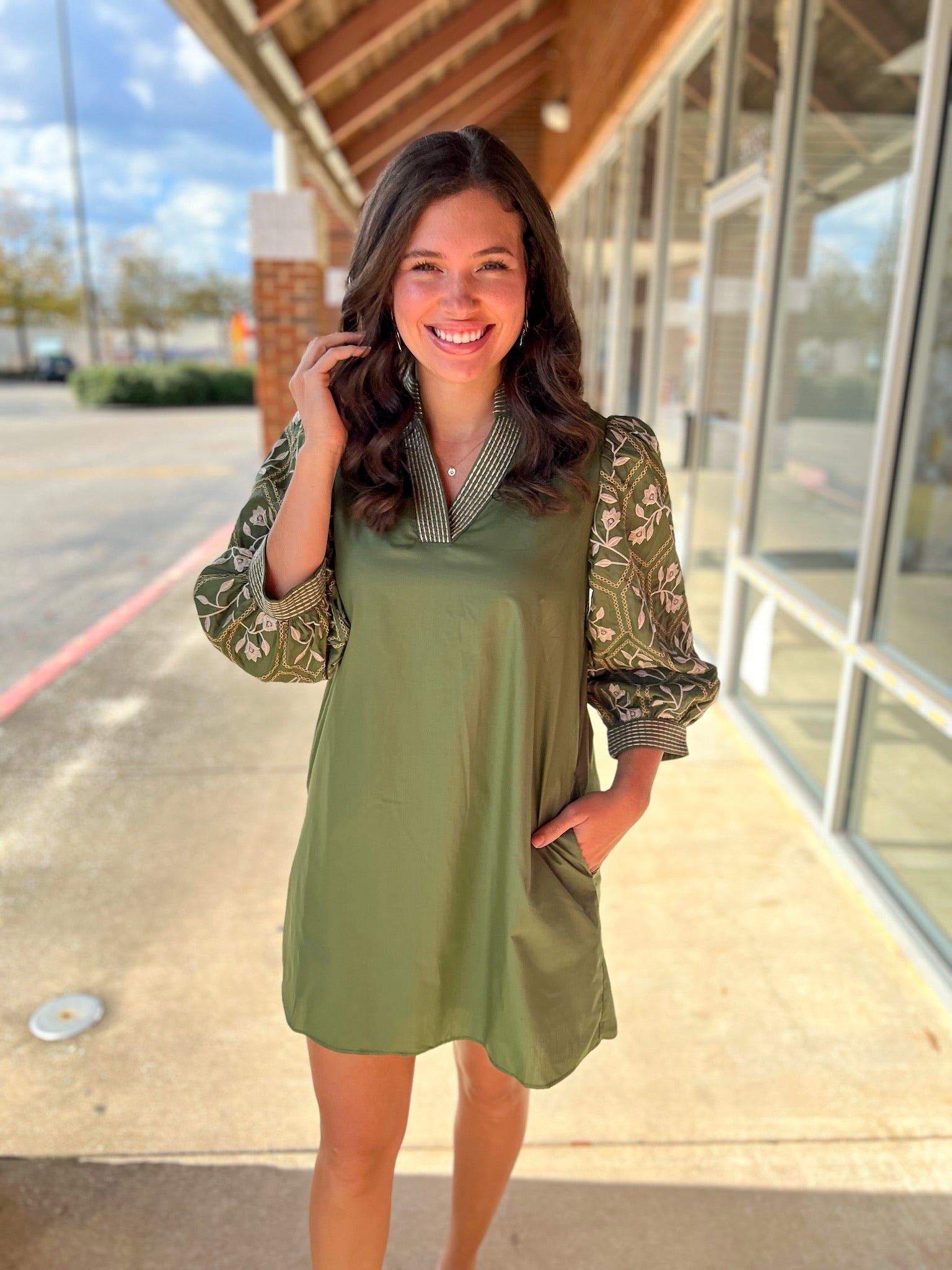 Olive Green V - Neck Dress with Textured Jacquard 3/4 Sleeves - A'Bekah's Boutique