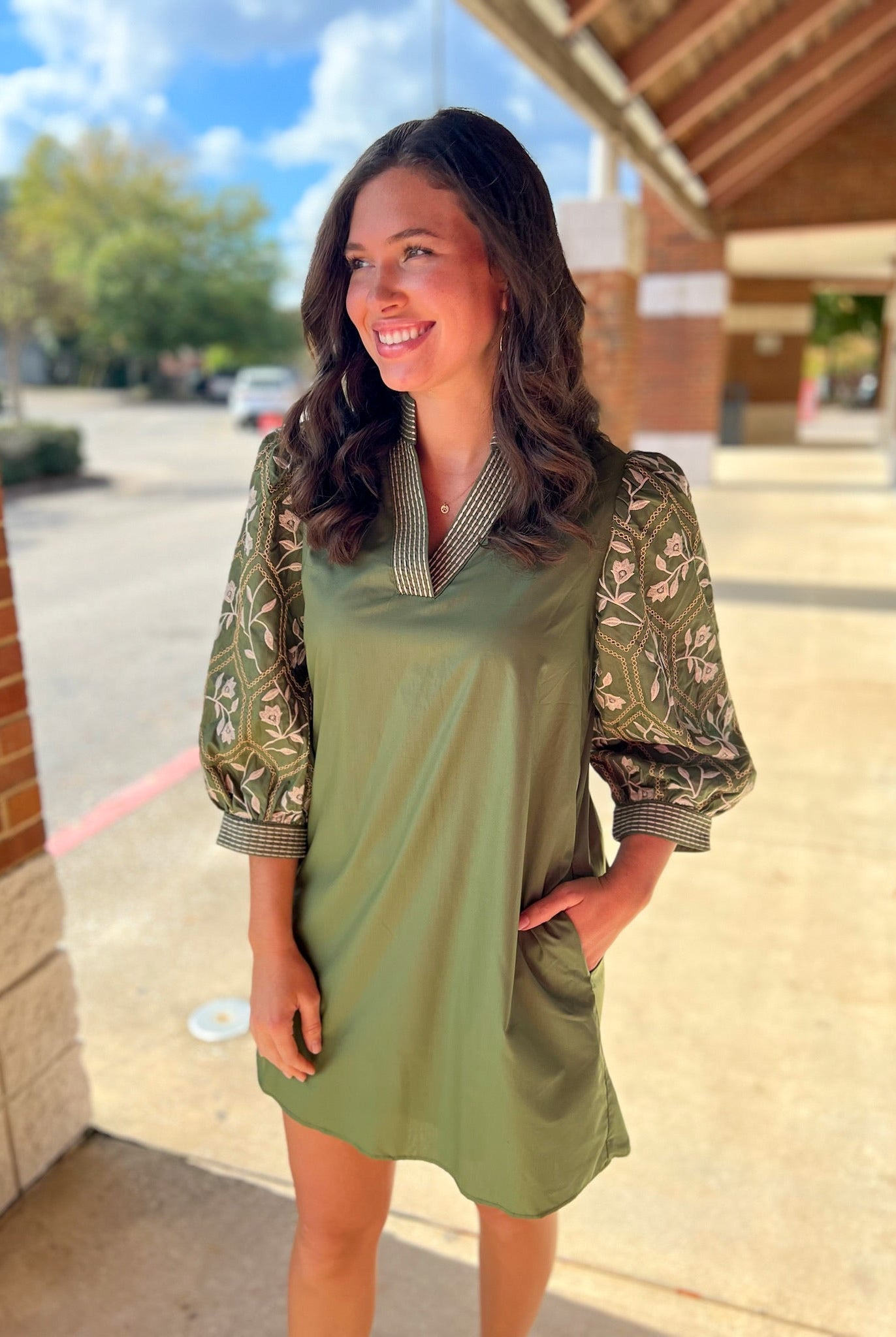 Olive Green V - Neck Dress with Textured Jacquard 3/4 Sleeves - A'Bekah's Boutique