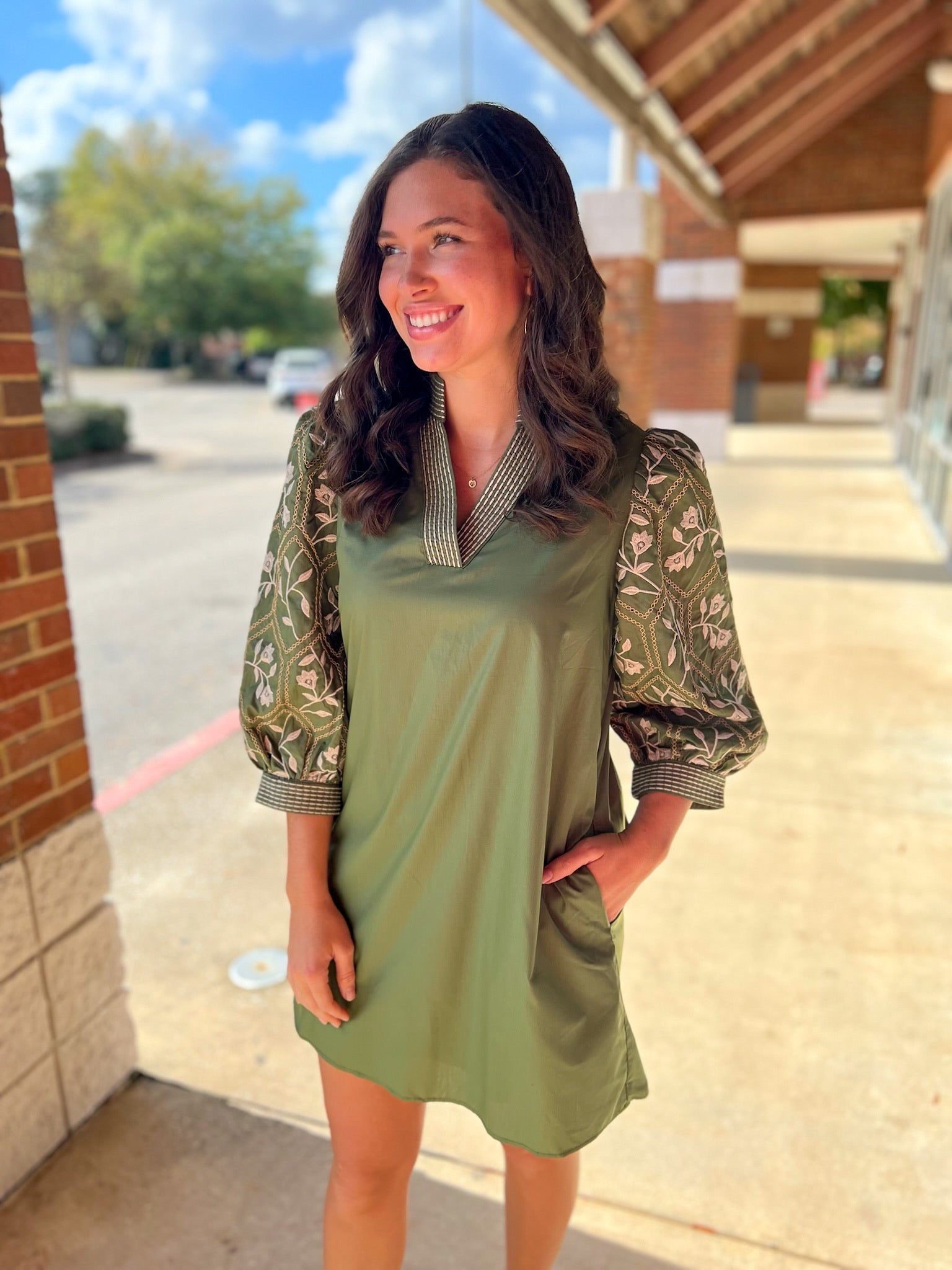 Olive Green V - Neck Dress with Textured Jacquard 3/4 Sleeves - A'Bekah's Boutique