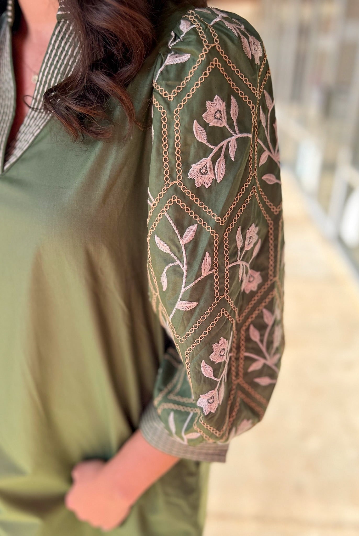 Olive Green V - Neck Dress with Textured Jacquard 3/4 Sleeves - A'Bekah's Boutique