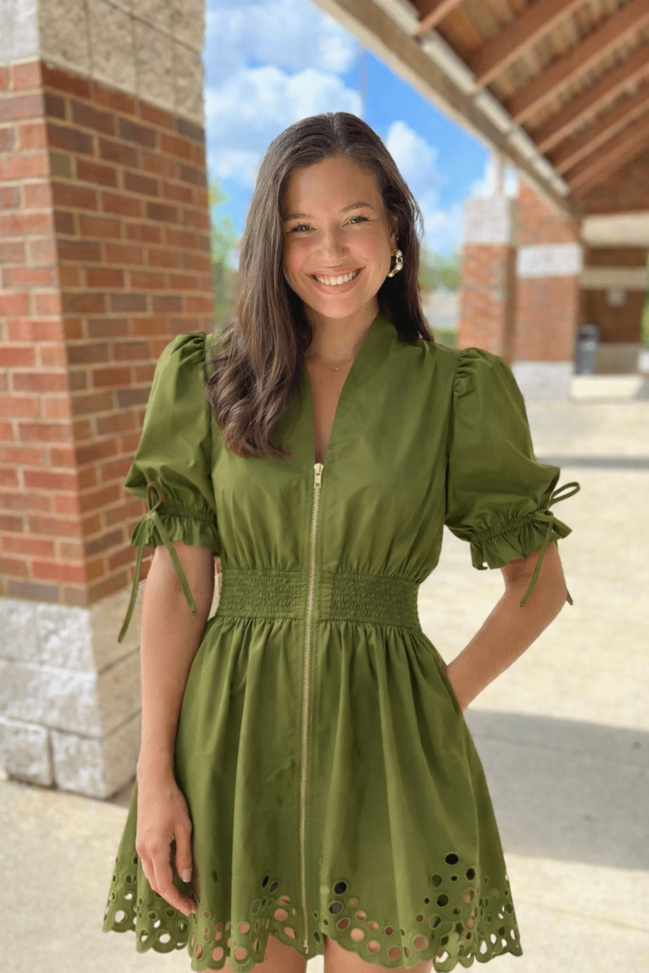 Olive Green Zip Front Smocked Waist Dress with Eyelet Hem - A'Bekah's Boutique