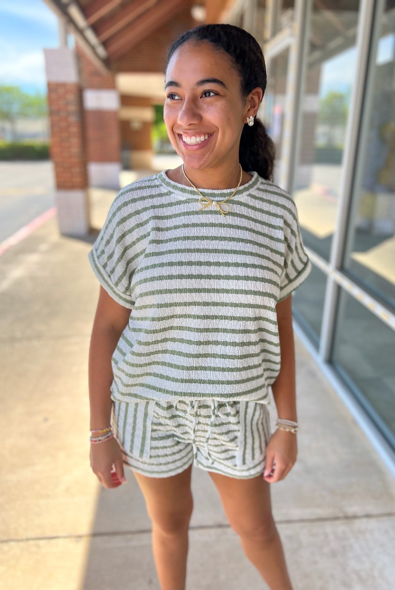 Olive Striped Short Sleeve Short Set - A'Bekah's Boutique