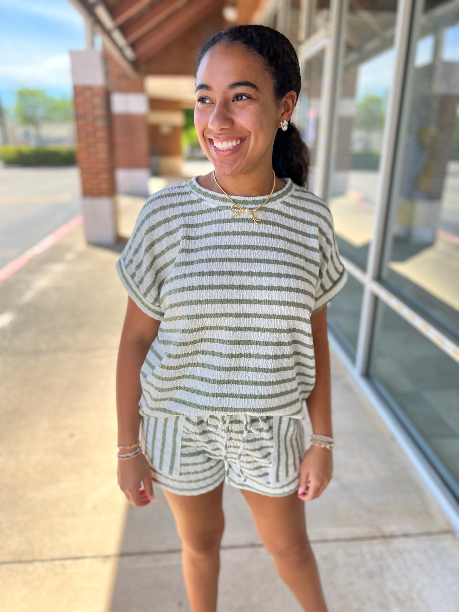 Olive Striped Short Sleeve Short Set - A'Bekah's Boutique
