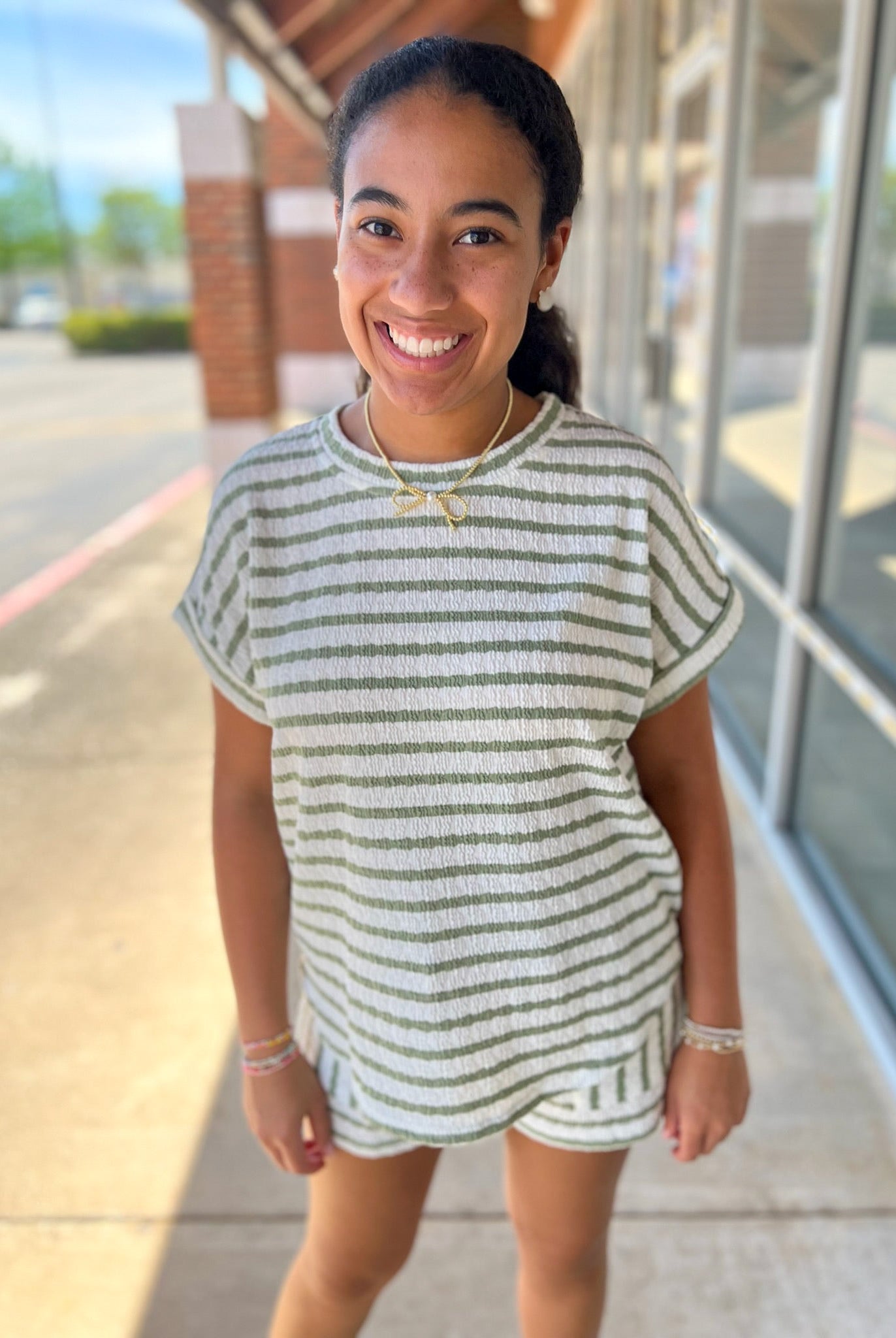 Olive Striped Short Sleeve Short Set - A'Bekah's Boutique