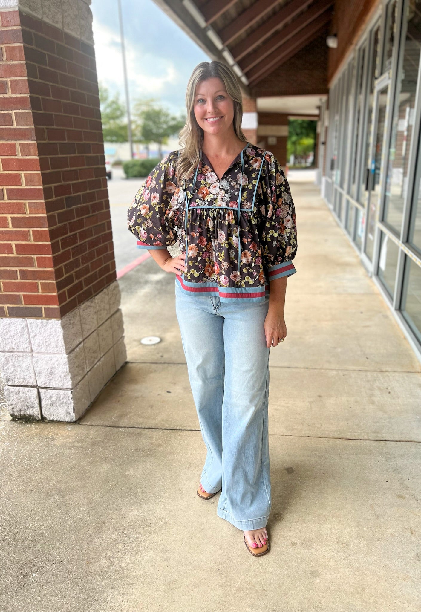 Only You Chocolate Floral 3/4 Length Sleeve Top - A'Bekah's Boutique