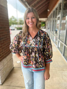 Only You Chocolate Floral 3/4 Length Sleeve Top - A'Bekah's Boutique
