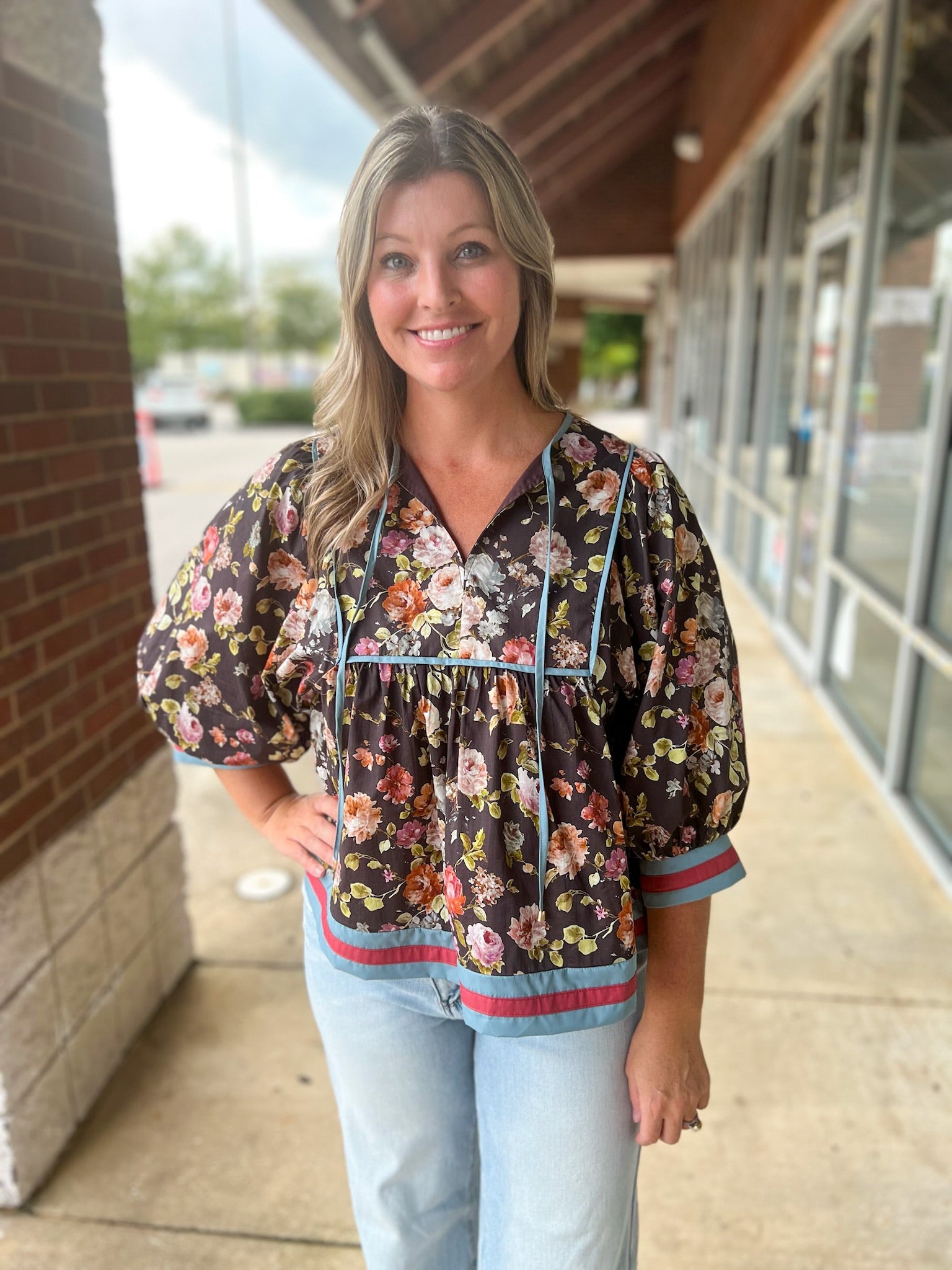 Only You Chocolate Floral 3/4 Length Sleeve Top - A'Bekah's Boutique