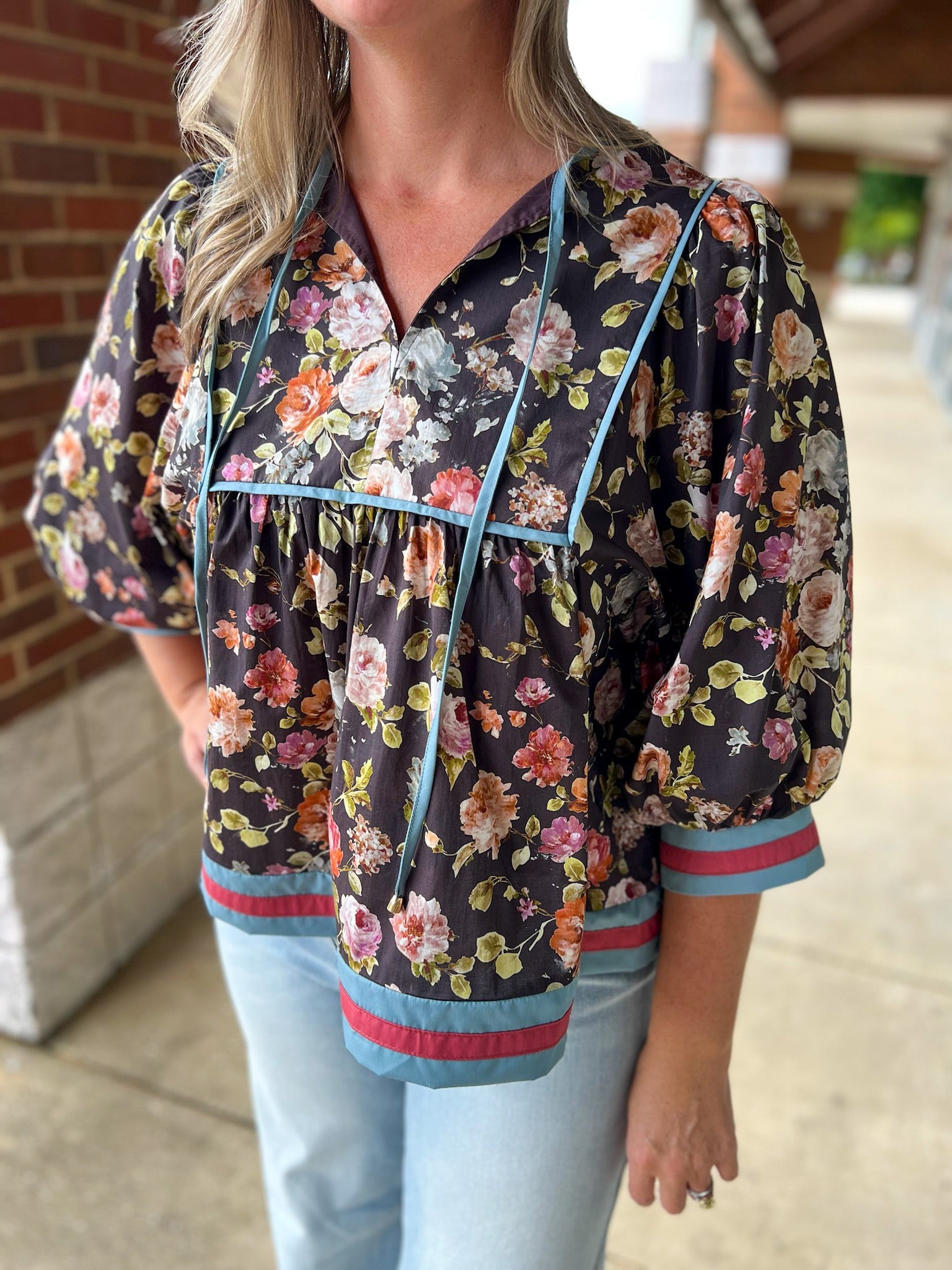 Only You Chocolate Floral 3/4 Length Sleeve Top - A'Bekah's Boutique