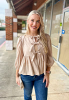 Open Your Mind Light Taupe 3/4 Length Sleeve Top with Front Bow Details - A'Bekah's Boutique