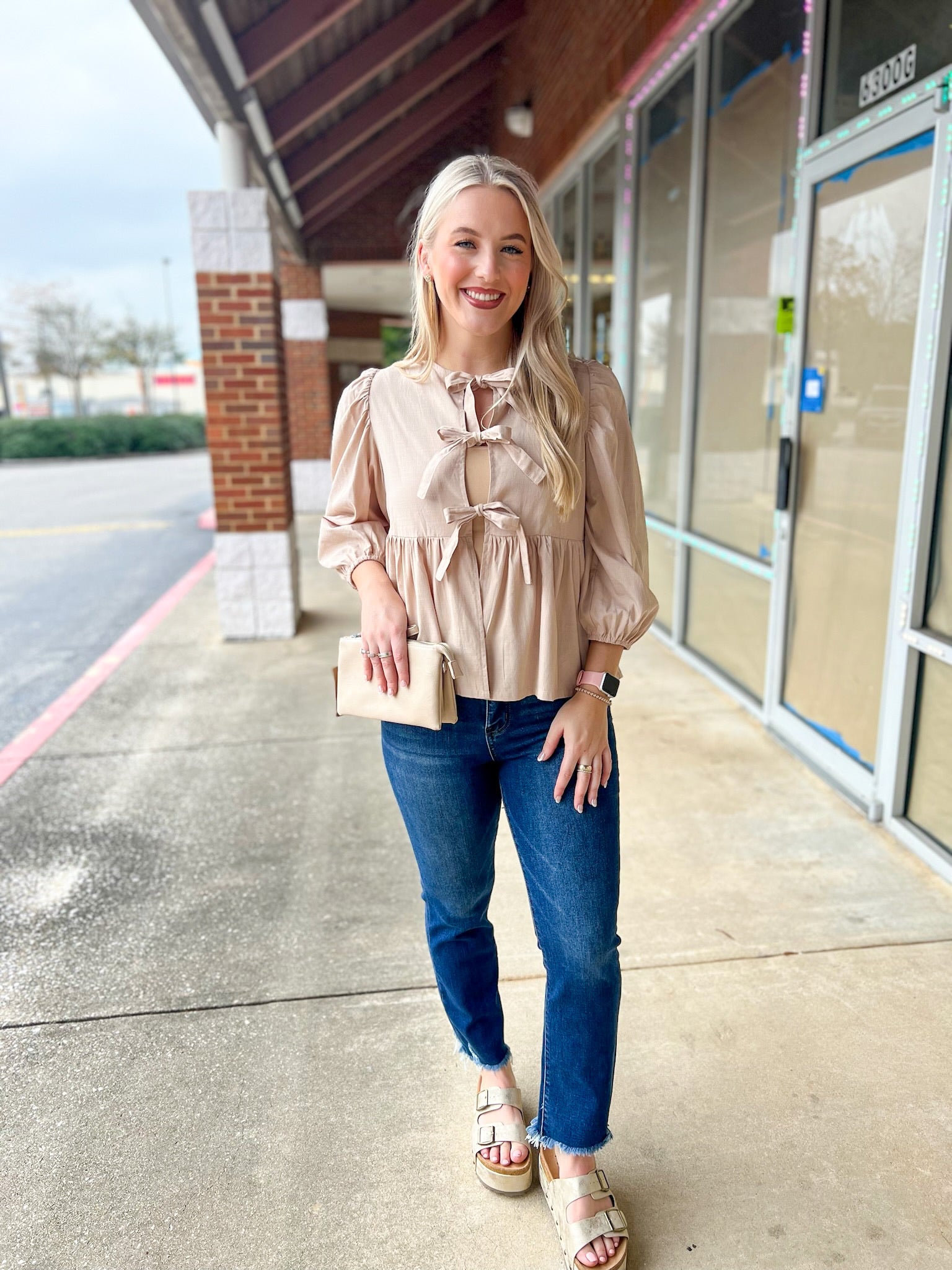 Open Your Mind Light Taupe 3/4 Length Sleeve Top with Front Bow Details - A'Bekah's Boutique