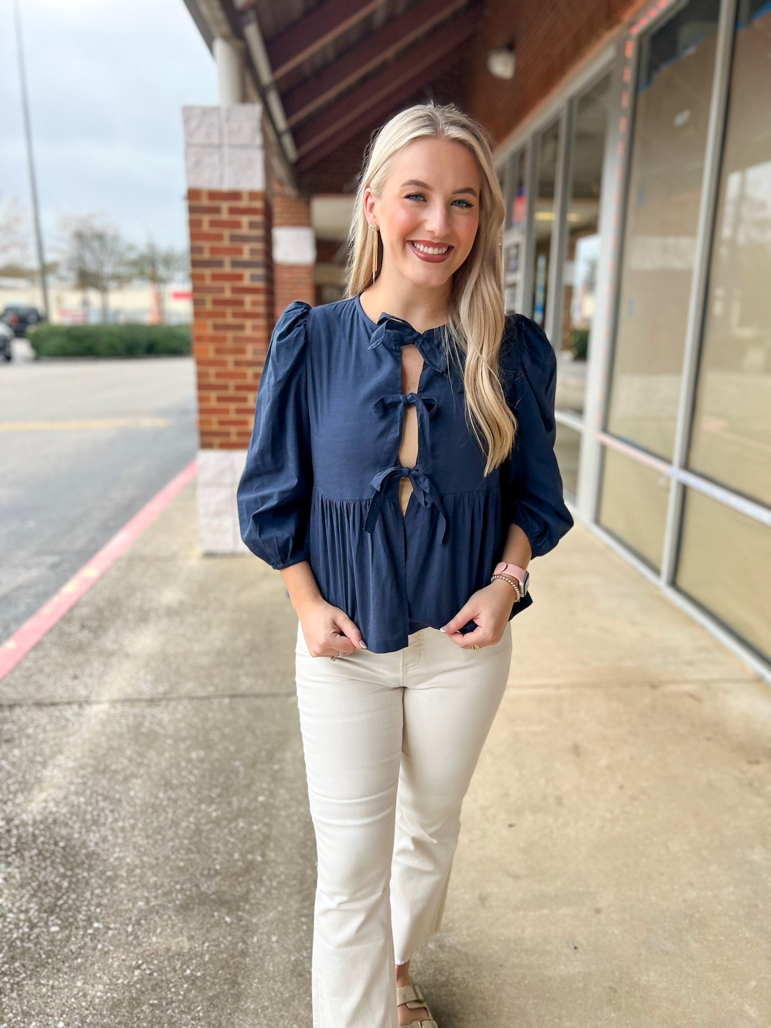 Open Your Mind Navy 3/4 Length Sleeve Top with Front Bow Details - A'Bekah's Boutique