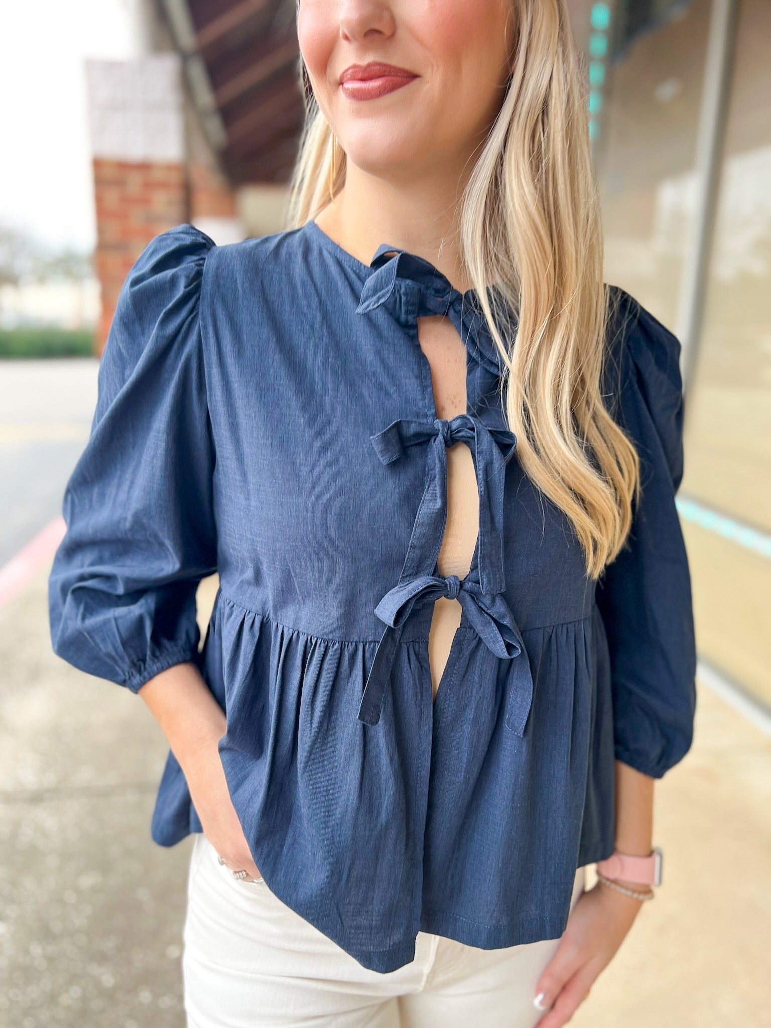 Open Your Mind Navy 3/4 Length Sleeve Top with Front Bow Details - A'Bekah's Boutique