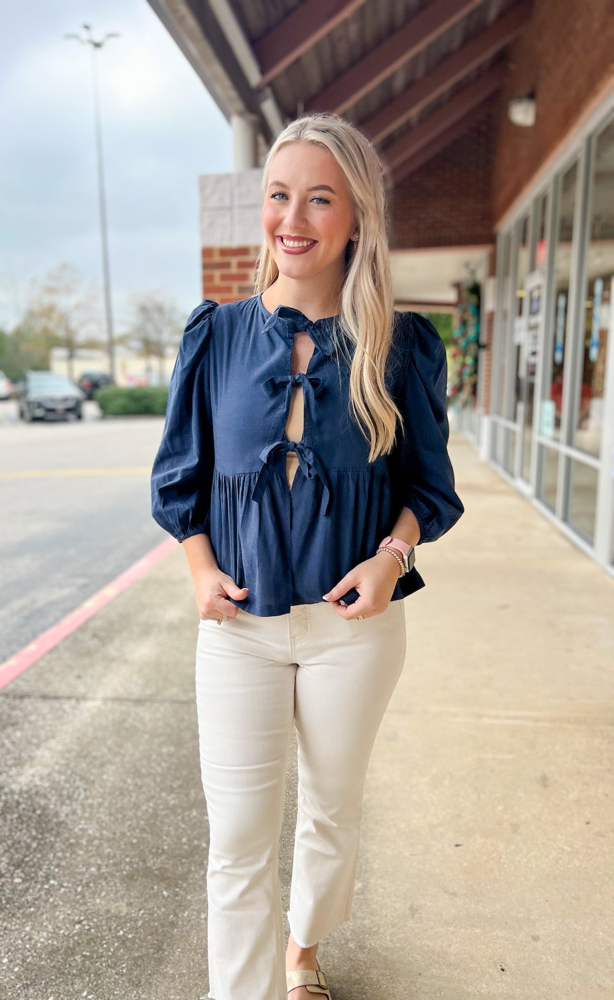 Open Your Mind Navy 3/4 Length Sleeve Top with Front Bow Details - A'Bekah's Boutique