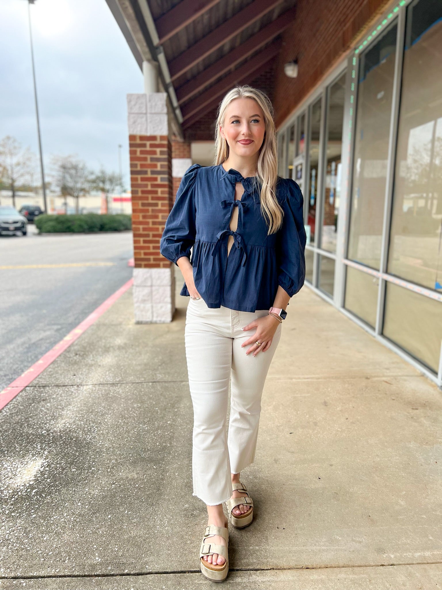 Open Your Mind Navy 3/4 Length Sleeve Top with Front Bow Details - A'Bekah's Boutique