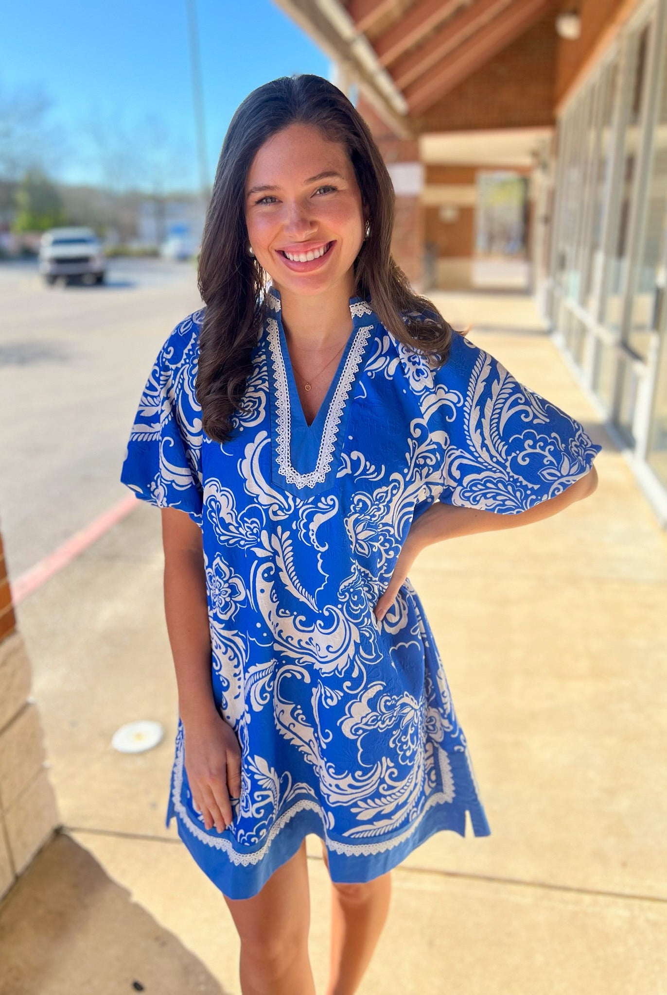 Orchid Blue Jacquard Paisley Dress with Lace Trim - A'Bekah's Boutique