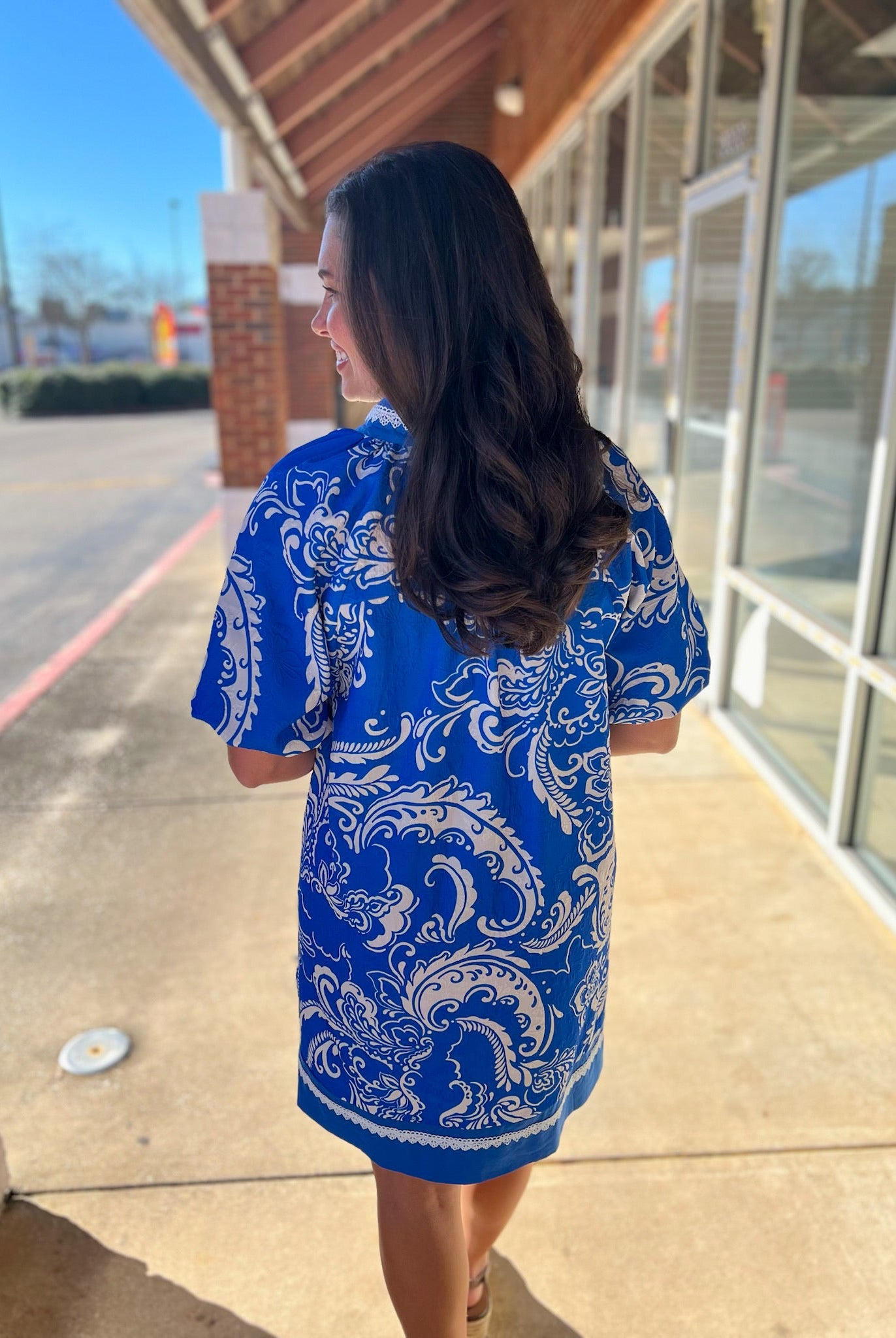 Orchid Blue Jacquard Paisley Dress with Lace Trim - A'Bekah's Boutique