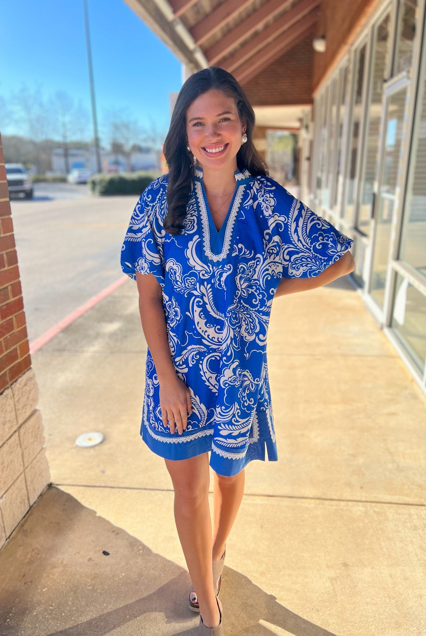 Orchid Blue Jacquard Paisley Dress with Lace Trim - A'Bekah's Boutique