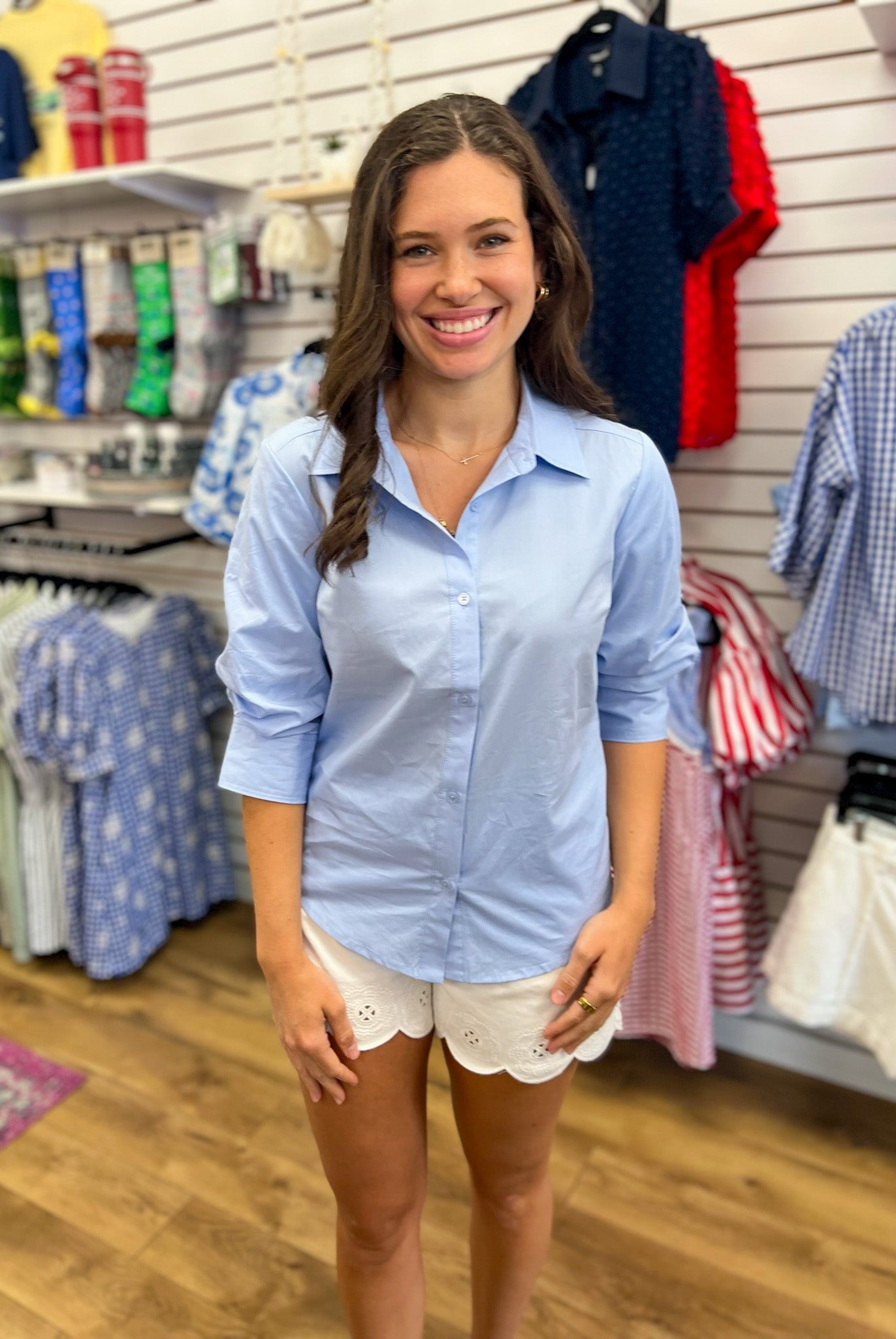 Pale Blue Button Up Top with 3/4 Ruched Sleeves - A'Bekah's Boutique