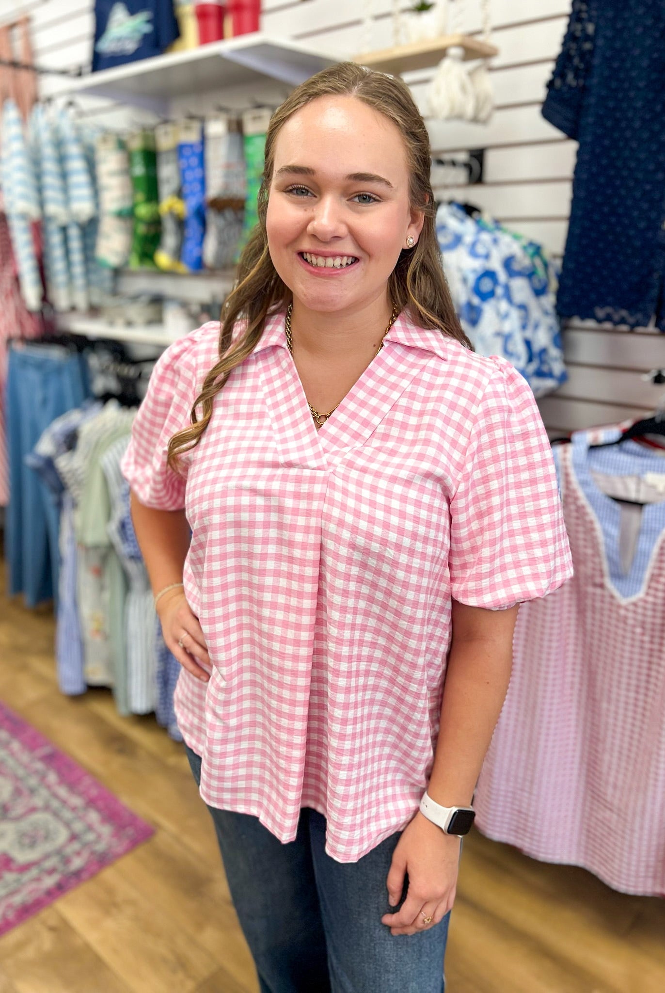 Peony Pink Gingham Top with Elbow Length Sleeves - A'Bekah's Boutique