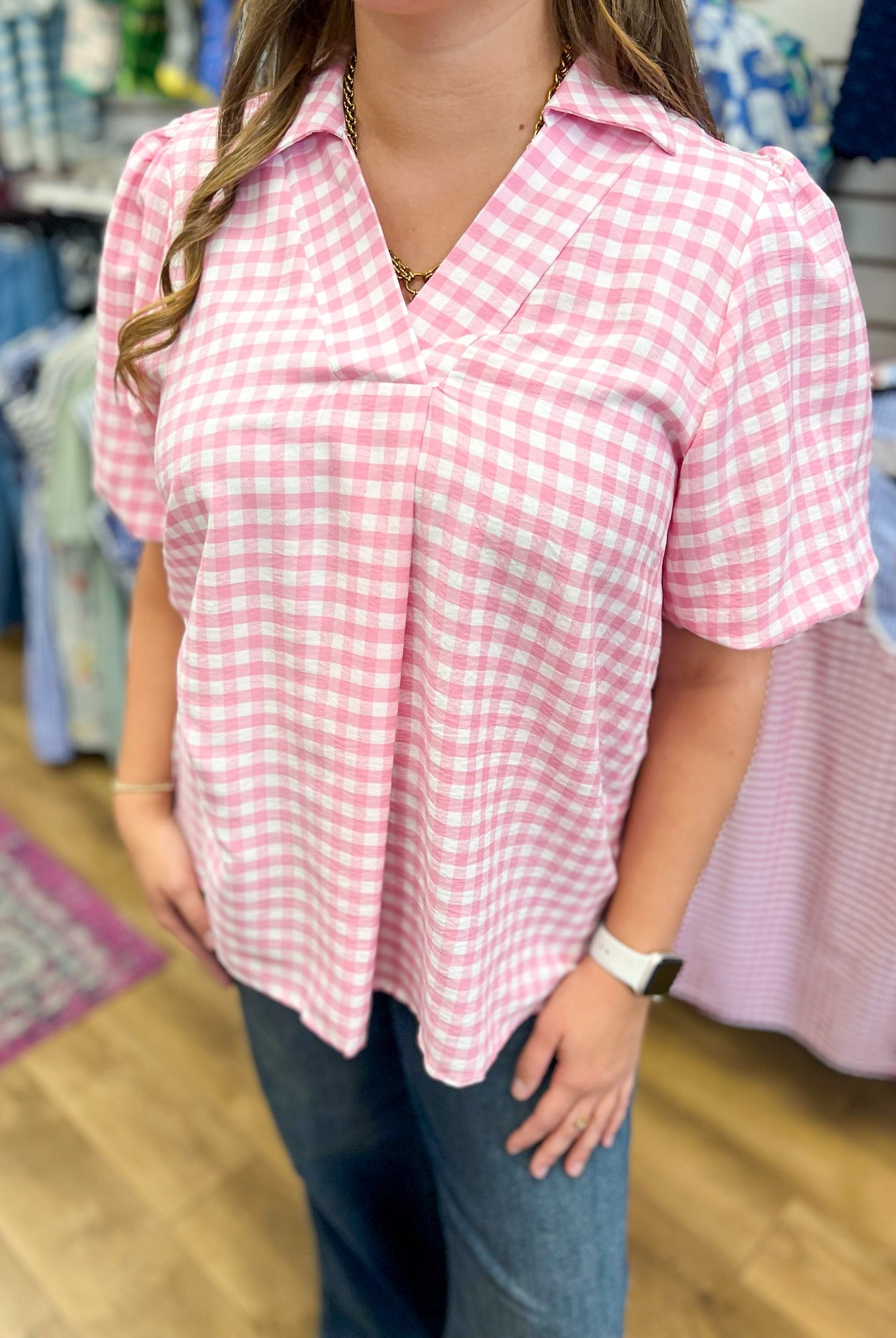 Peony Pink Gingham Top with Elbow Length Sleeves - A'Bekah's Boutique