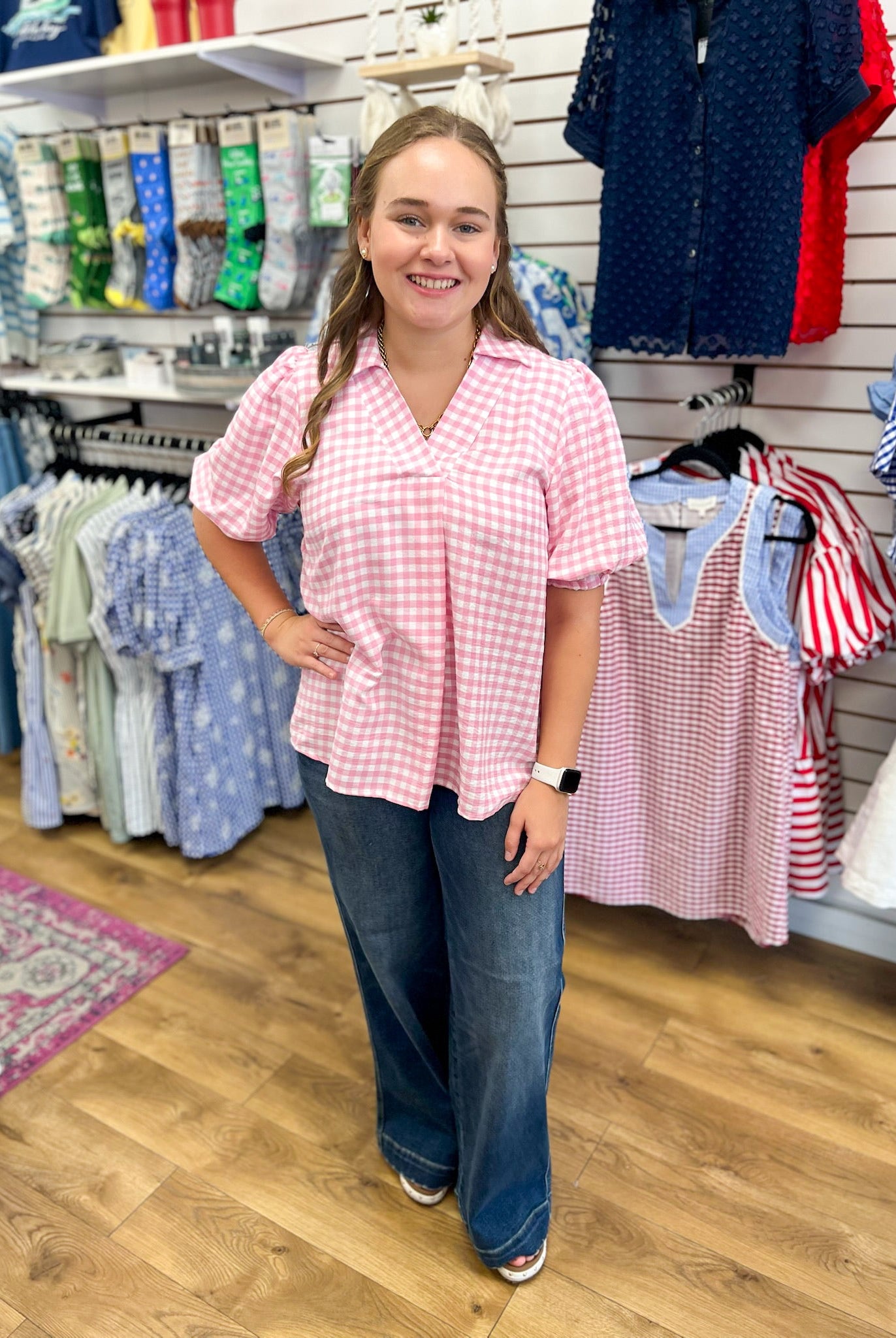 Peony Pink Gingham Top with Elbow Length Sleeves - A'Bekah's Boutique