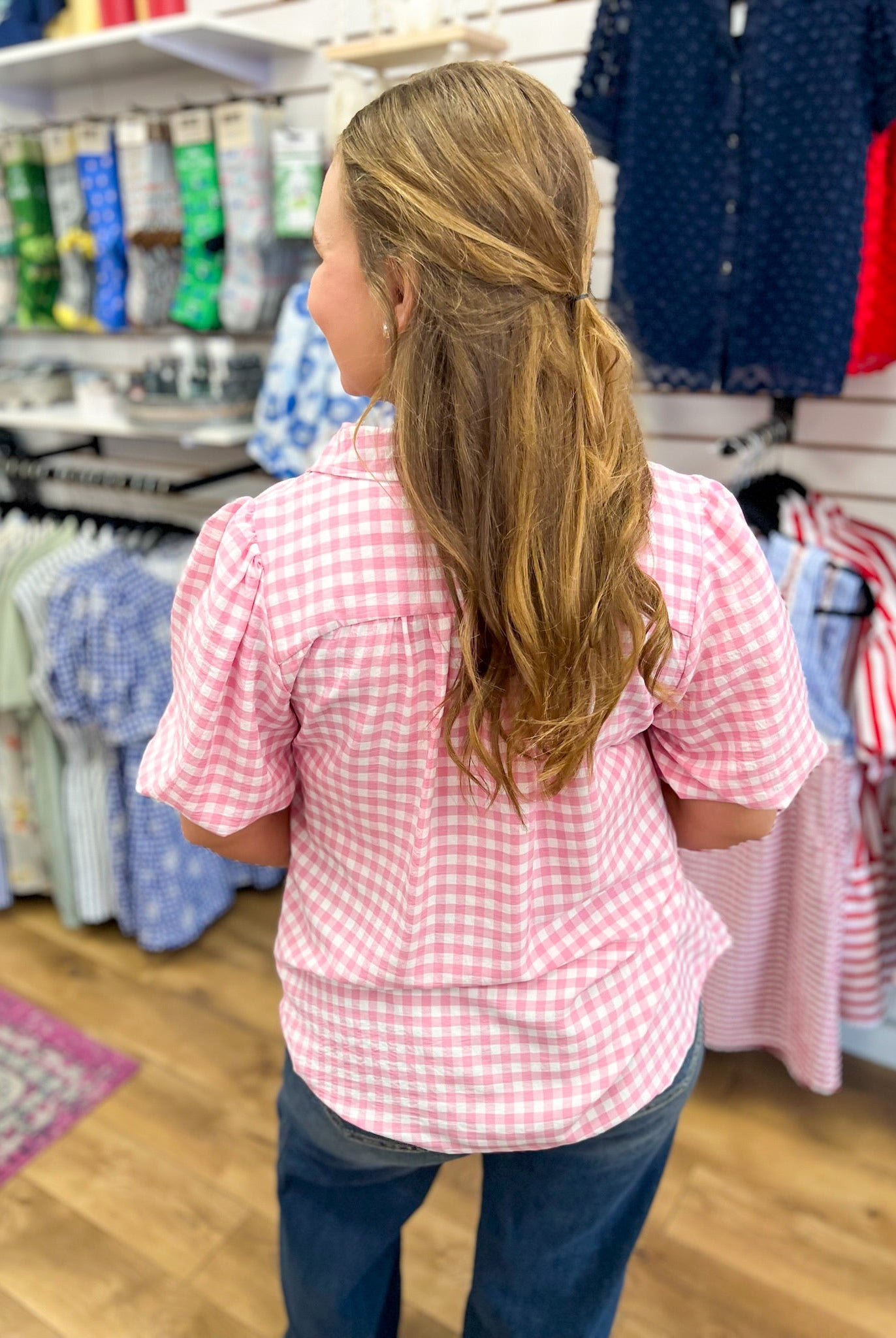 Peony Pink Gingham Top with Elbow Length Sleeves - A'Bekah's Boutique