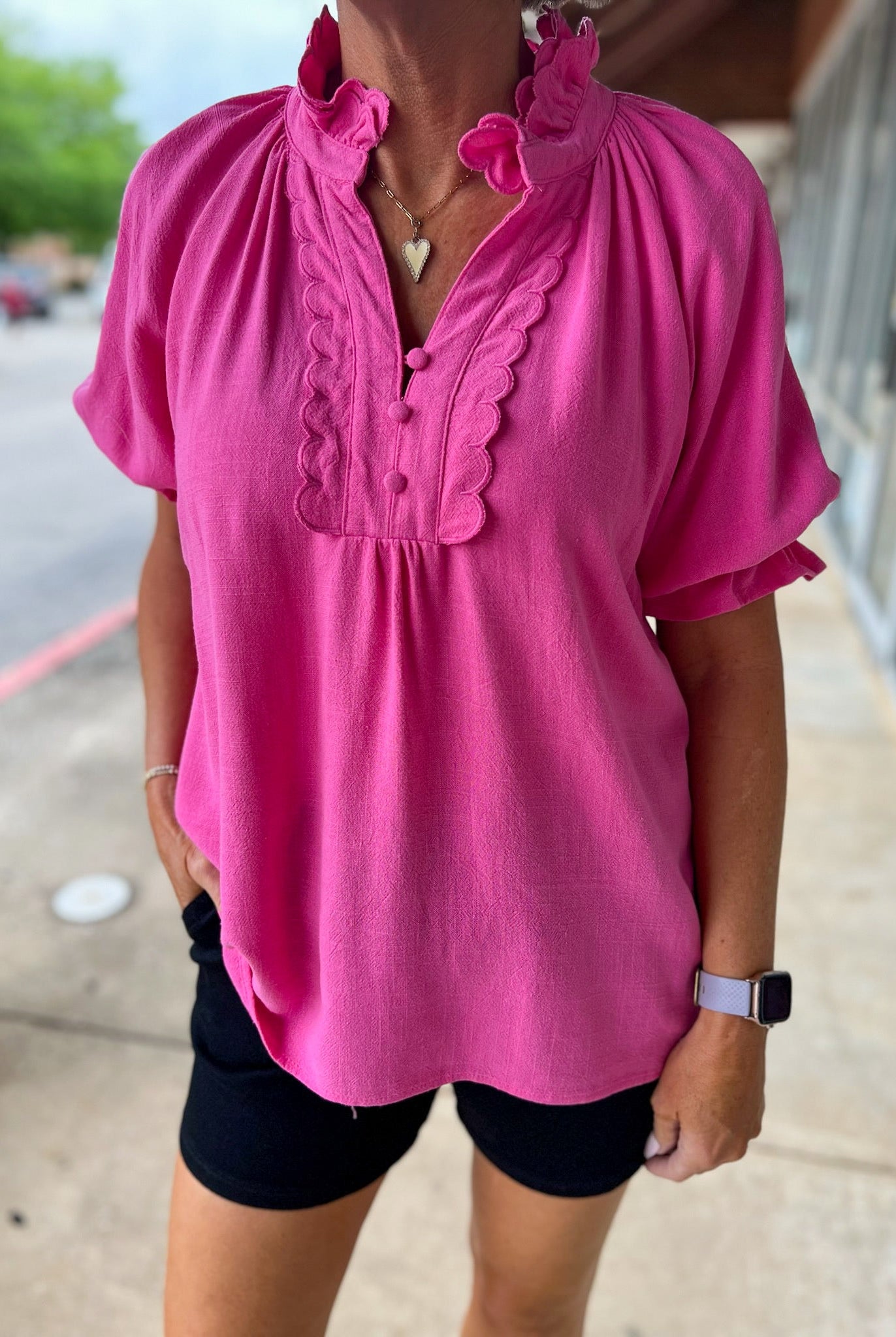 Peony Pink Linen Blend Top with Scallop Details - A'Bekah's Boutique