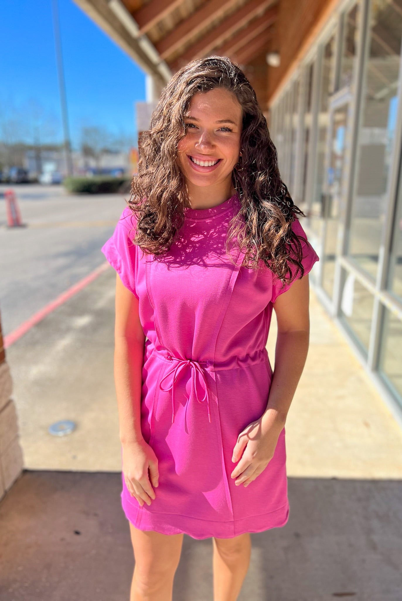 Peony Pink Short Sleeve Luxe Knit Dress with Drawstring Waist - A'Bekah's Boutique