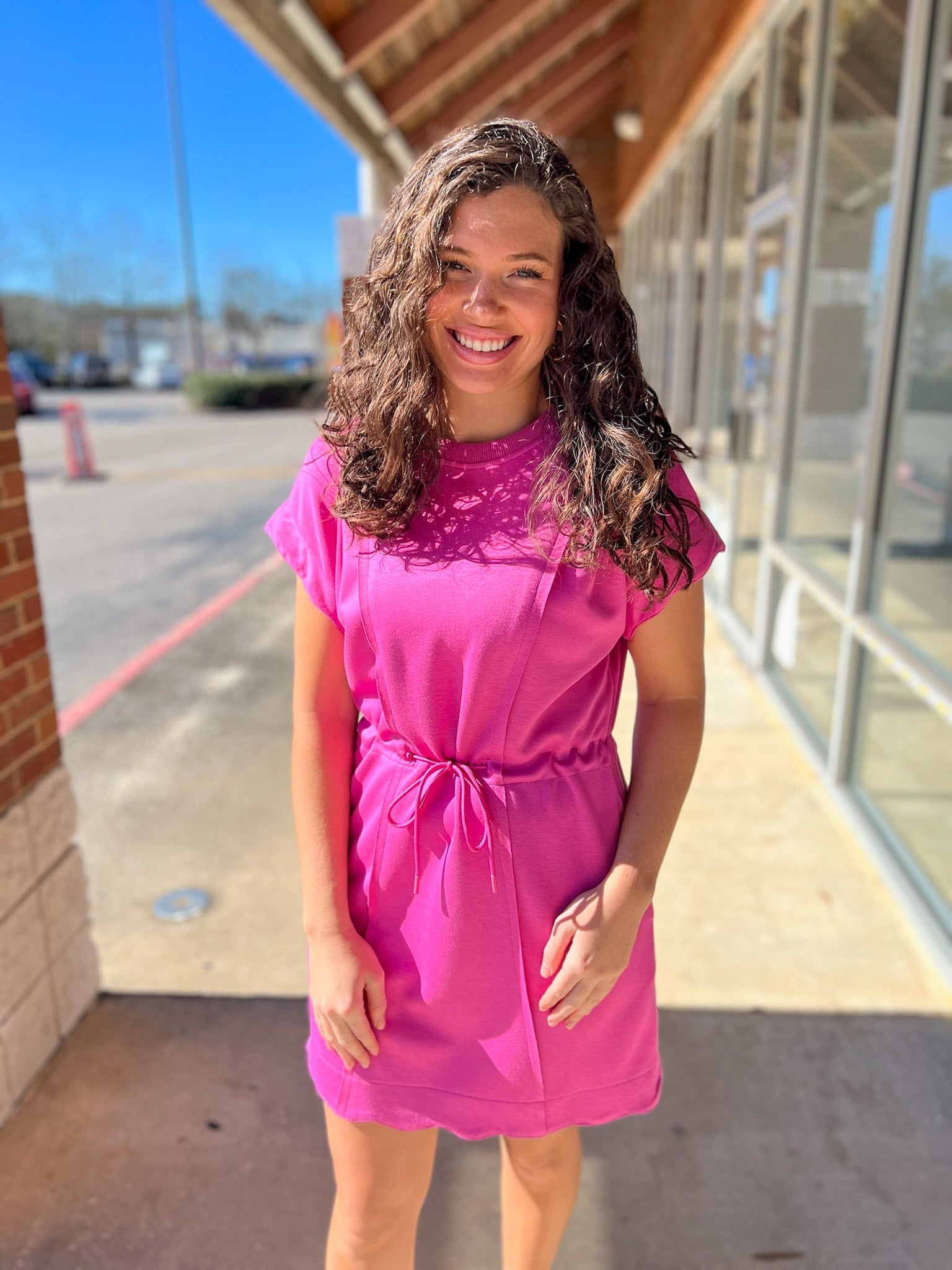 Peony Pink Short Sleeve Luxe Knit Dress with Drawstring Waist - A'Bekah's Boutique