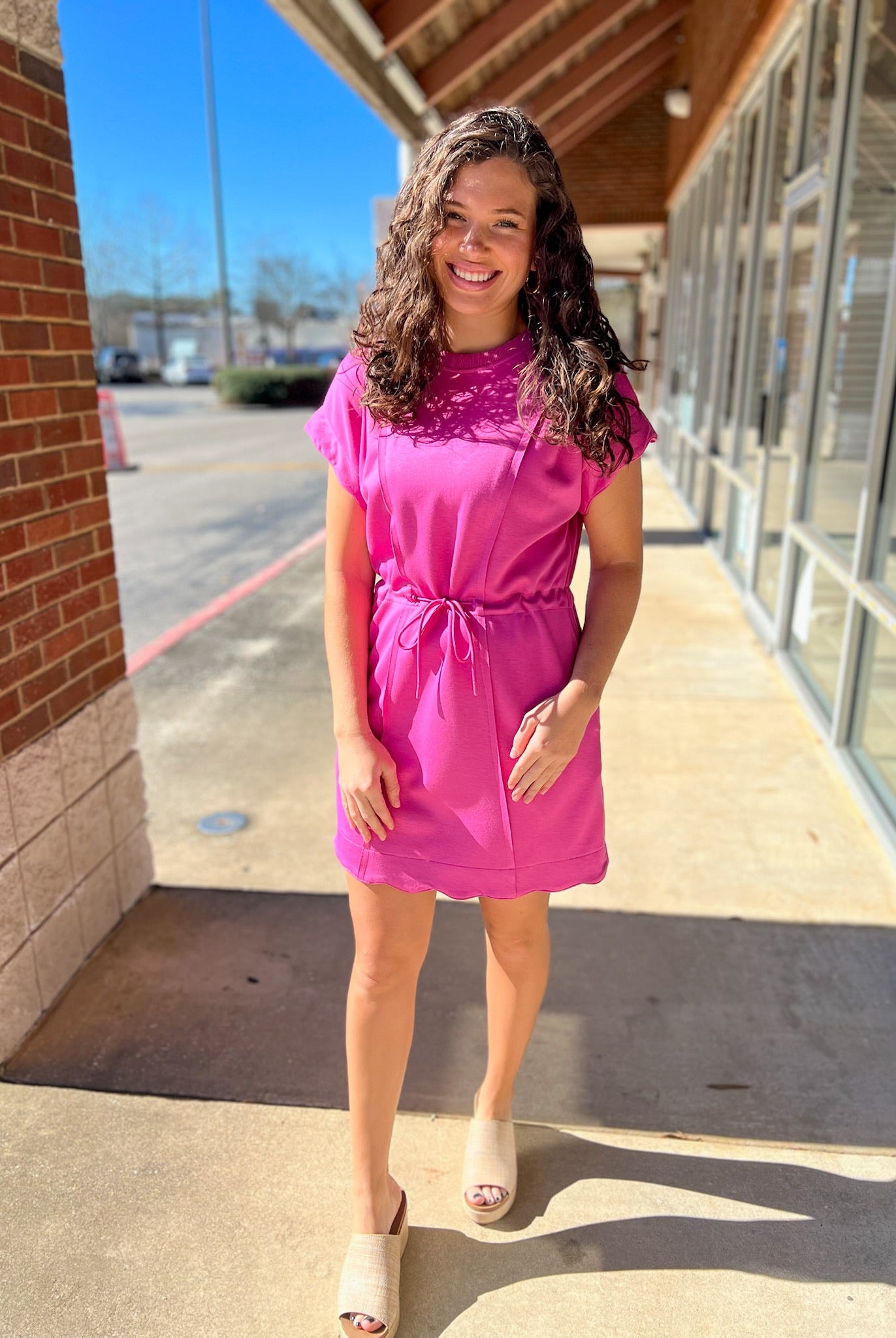 Peony Pink Short Sleeve Luxe Knit Dress with Drawstring Waist - A'Bekah's Boutique