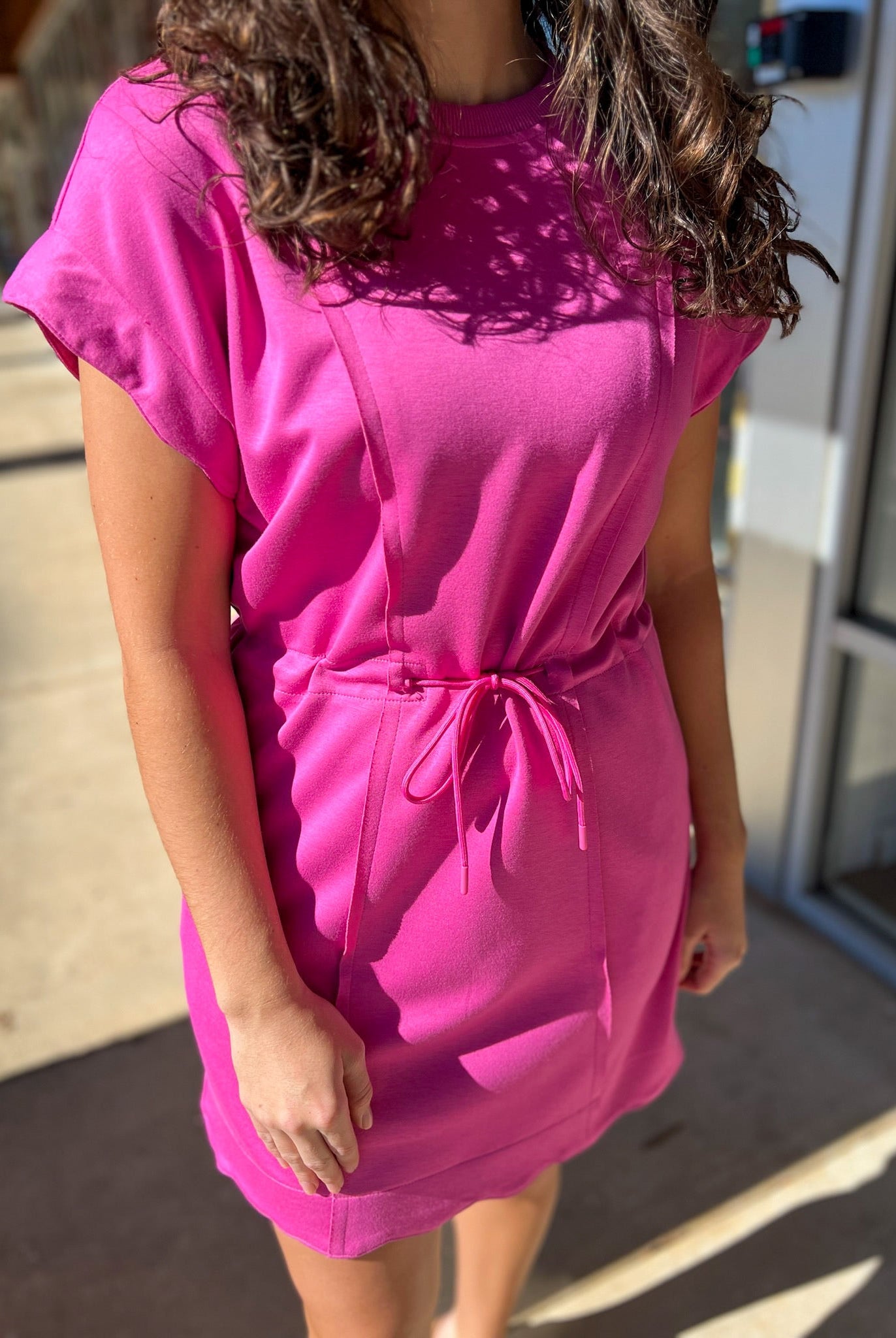Peony Pink Short Sleeve Luxe Knit Dress with Drawstring Waist - A'Bekah's Boutique