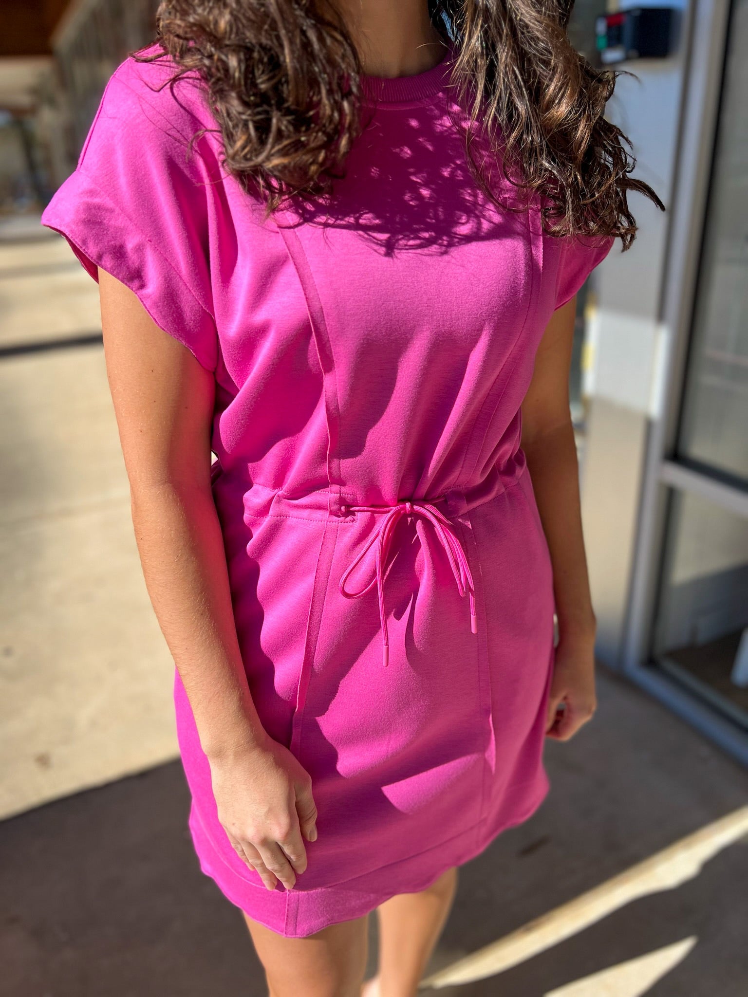 Peony Pink Short Sleeve Luxe Knit Dress with Drawstring Waist - A'Bekah's Boutique