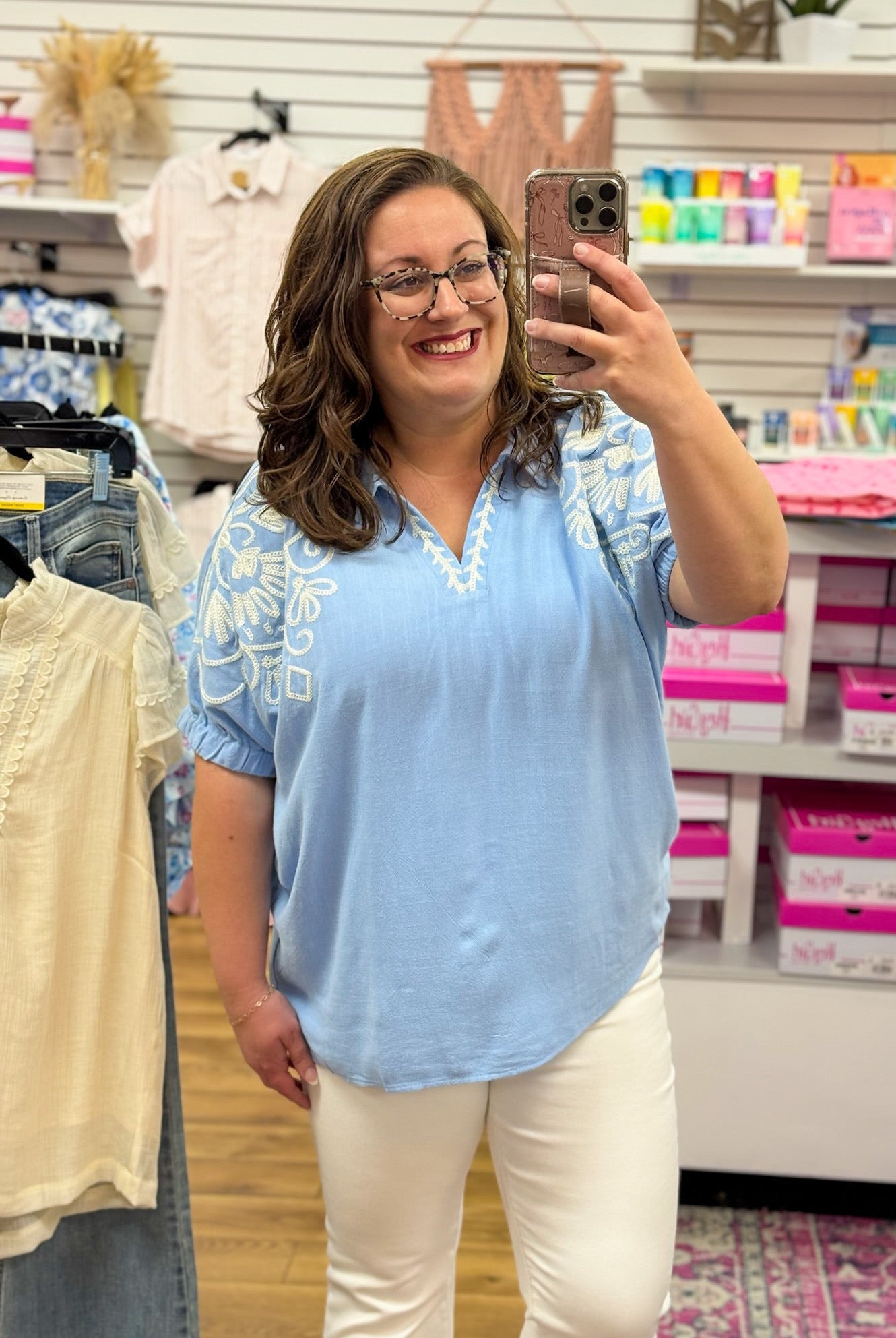 Periwinkle V - Neck Top with Embroidery Details - A'Bekah's Boutique