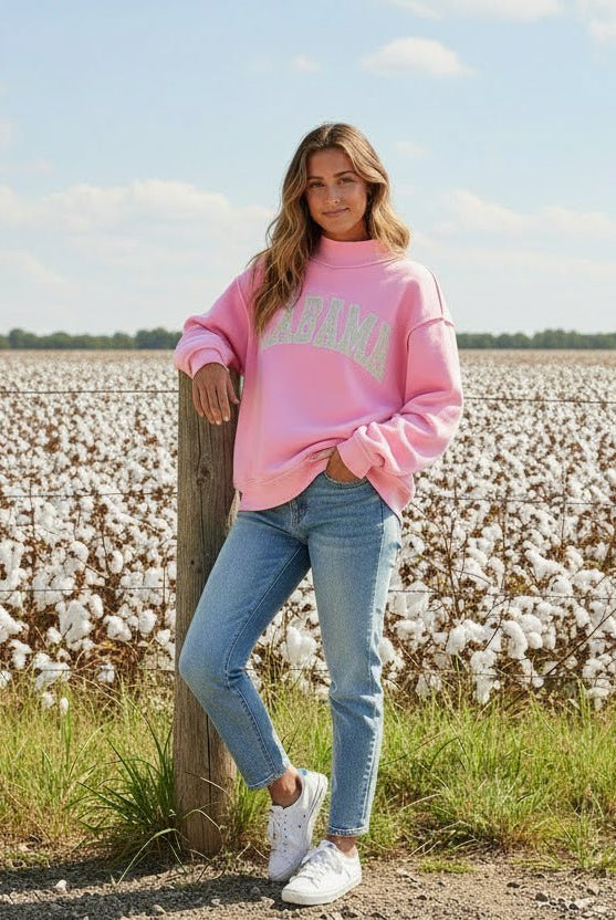 Pink Alabama Embroidered Mock Neck Long Sleeve Sweatshirt - A'Bekah's Boutique