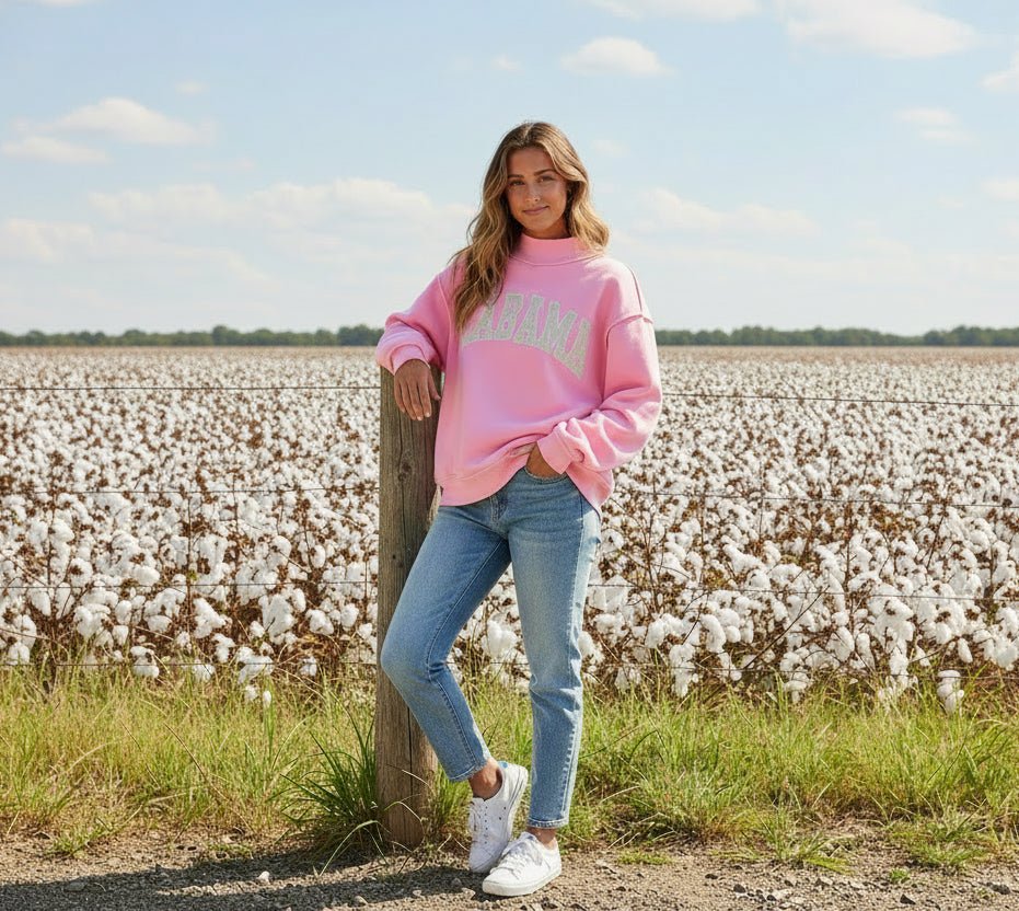 Pink Alabama Embroidered Mock Neck Long Sleeve Sweatshirt - A'Bekah's Boutique