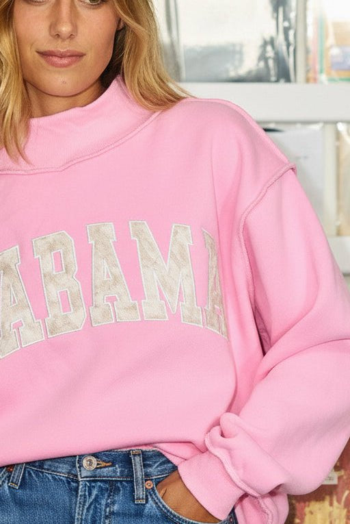Pink Alabama Embroidered Mock Neck Long Sleeve Sweatshirt - A'Bekah's Boutique