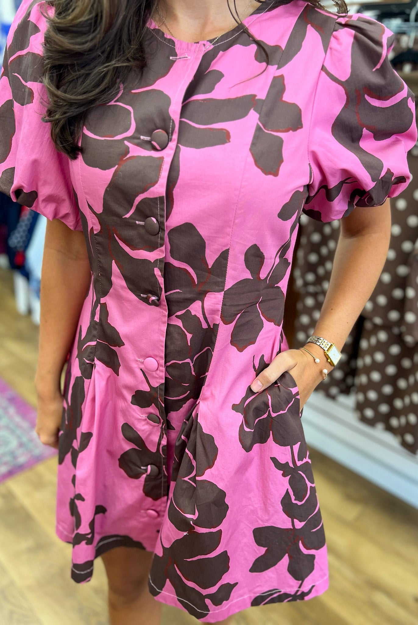 Pink and Brown Floral Puff Sleeve Dress with Pockets - A'Bekah's Boutique