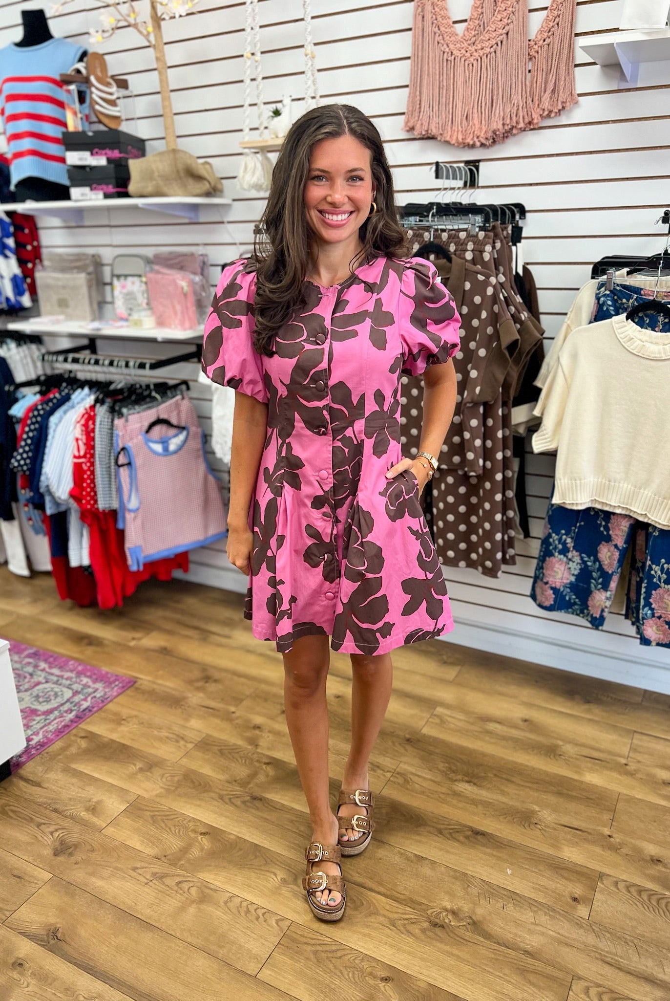 Pink and Brown Floral Puff Sleeve Dress with Pockets - A'Bekah's Boutique
