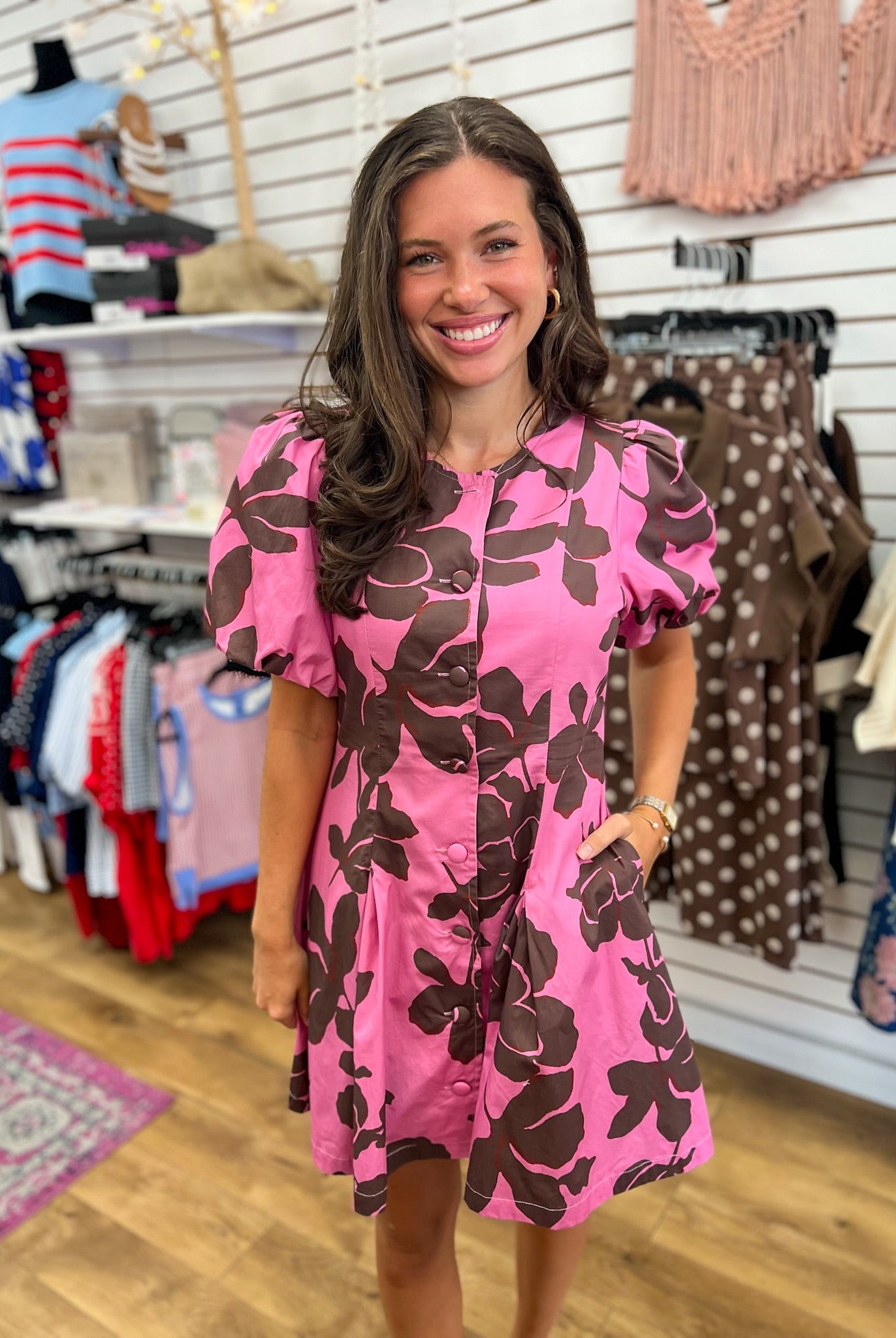 Pink and Brown Floral Puff Sleeve Dress with Pockets - A'Bekah's Boutique