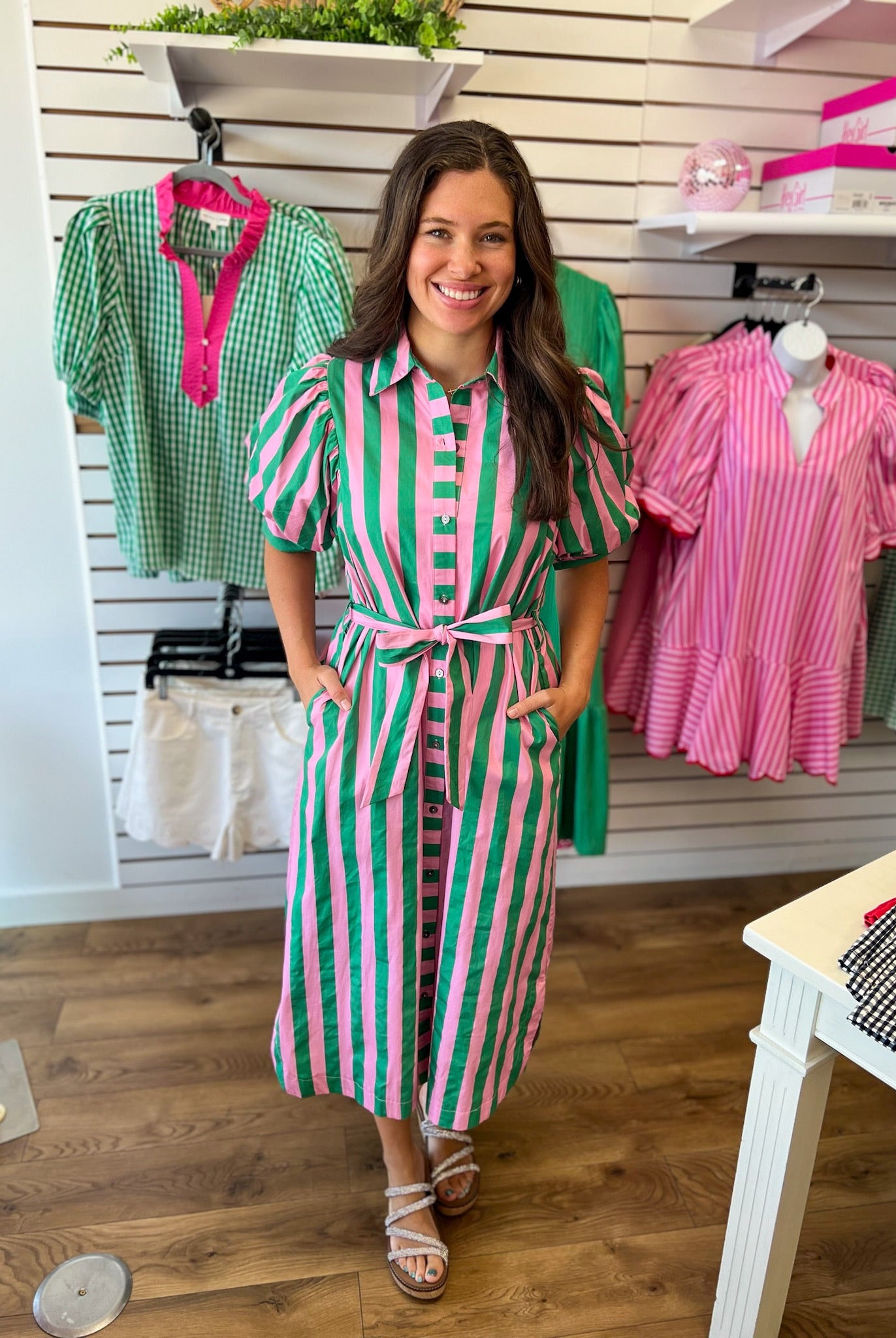 Pink and Green Striped Midi Dress with Tie Waist - A'Bekah's Boutique
