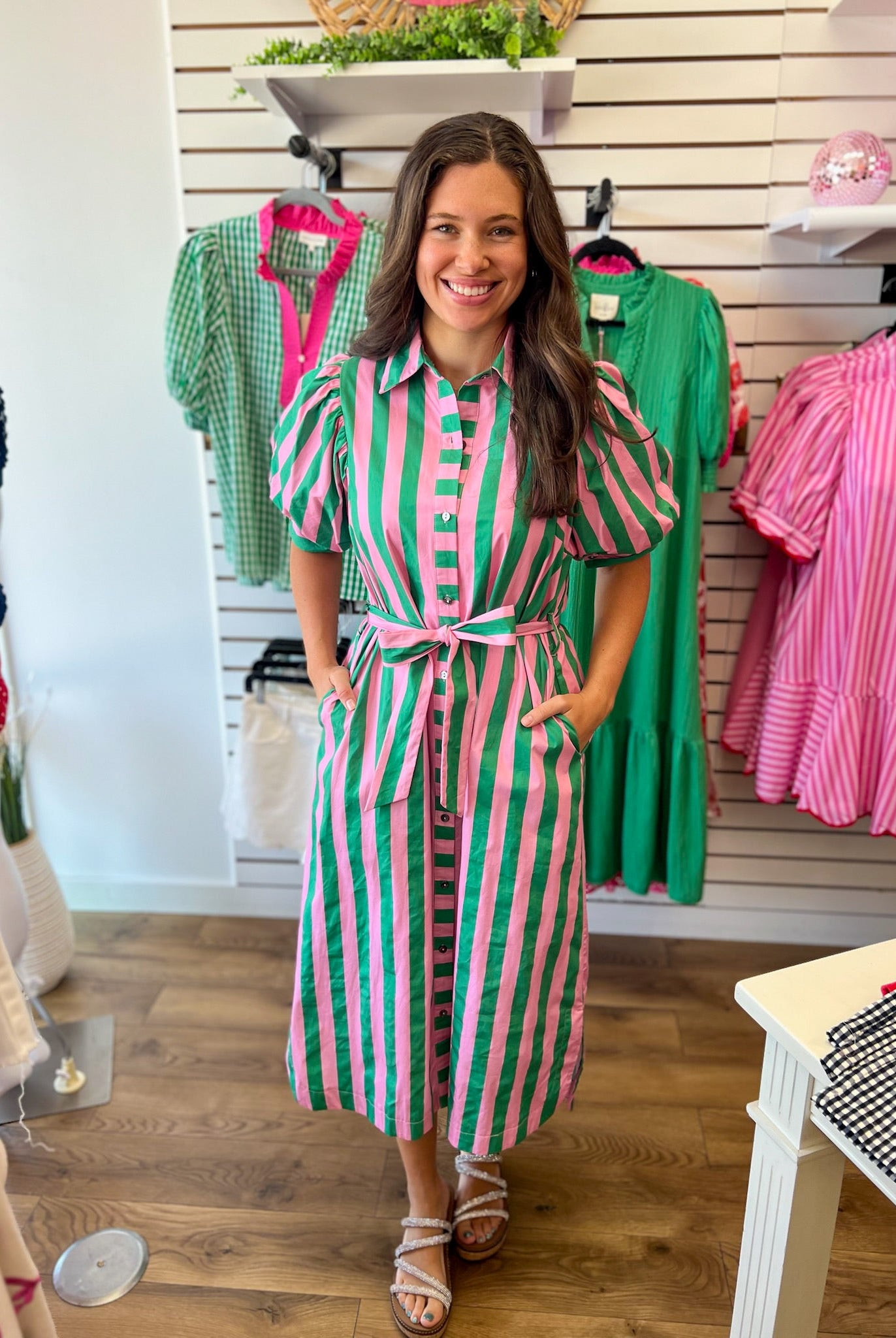 Pink and Green Striped Midi Dress with Tie Waist - A'Bekah's Boutique
