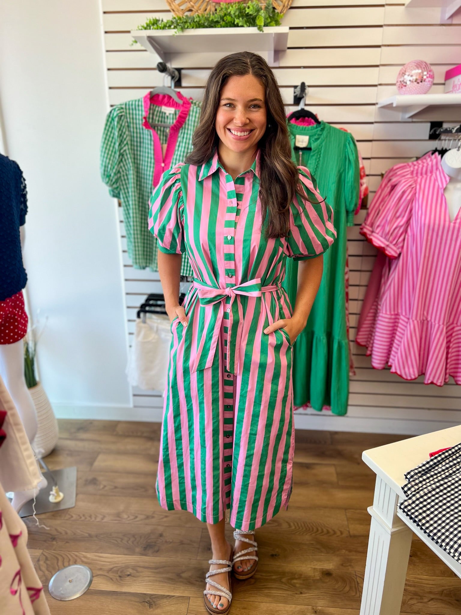 Pink and Green Striped Midi Dress with Tie Waist - A'Bekah's Boutique
