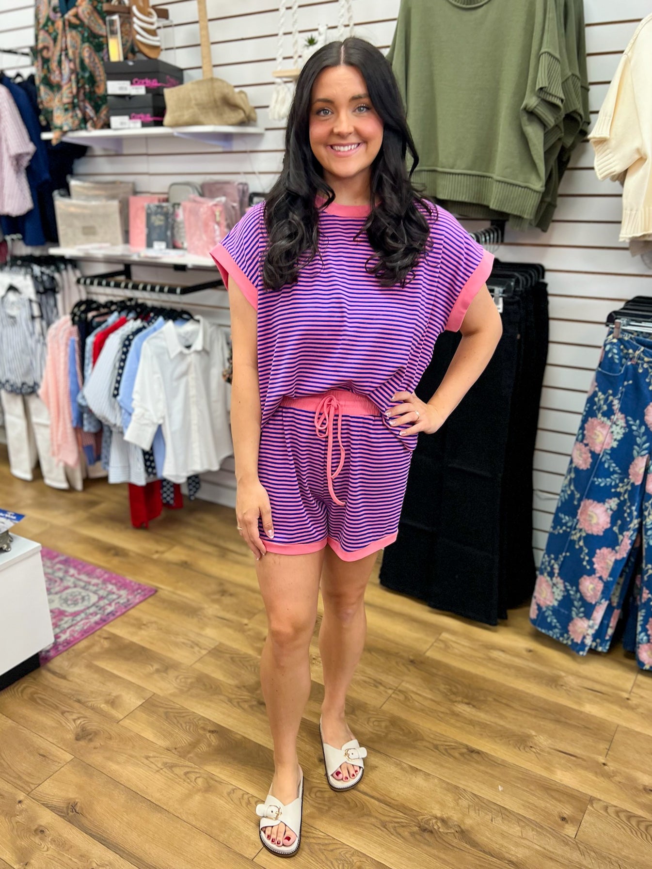 Pink and Royal Blue Striped Shorts Set - A'Bekah's Boutique