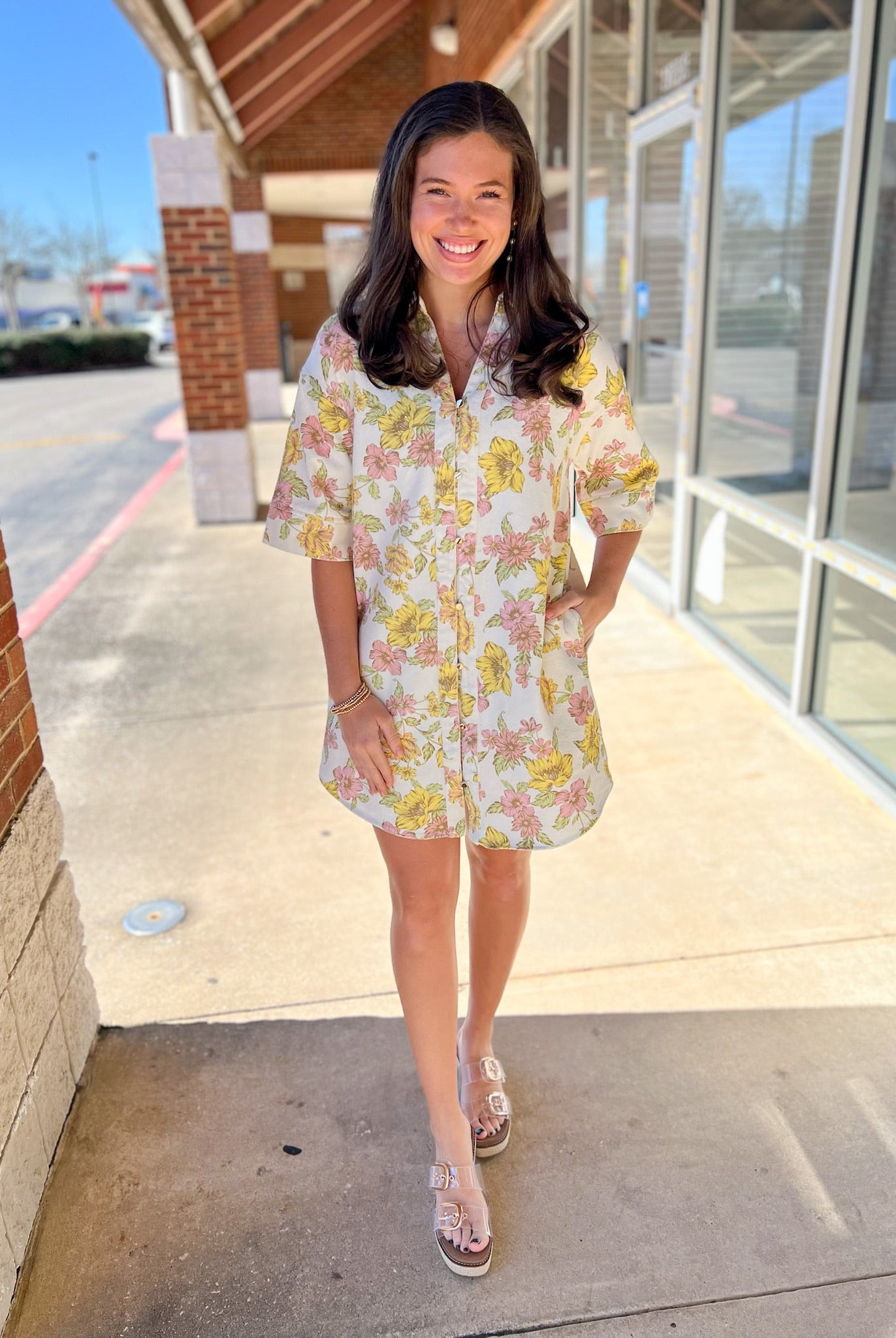Pink and Yellow Floral Half Sleeve Shirt Dress - A'Bekah's Boutique