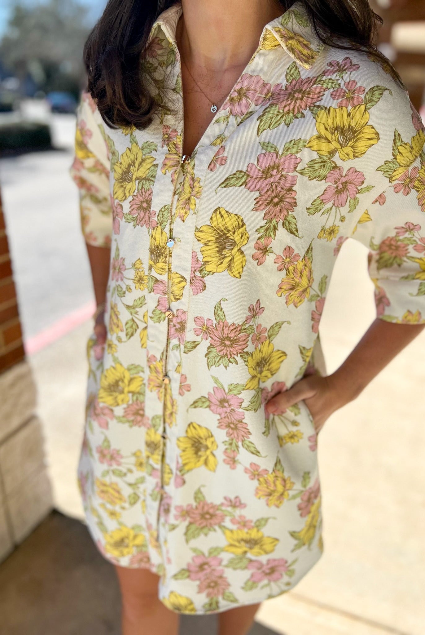 Pink and Yellow Floral Half Sleeve Shirt Dress - A'Bekah's Boutique