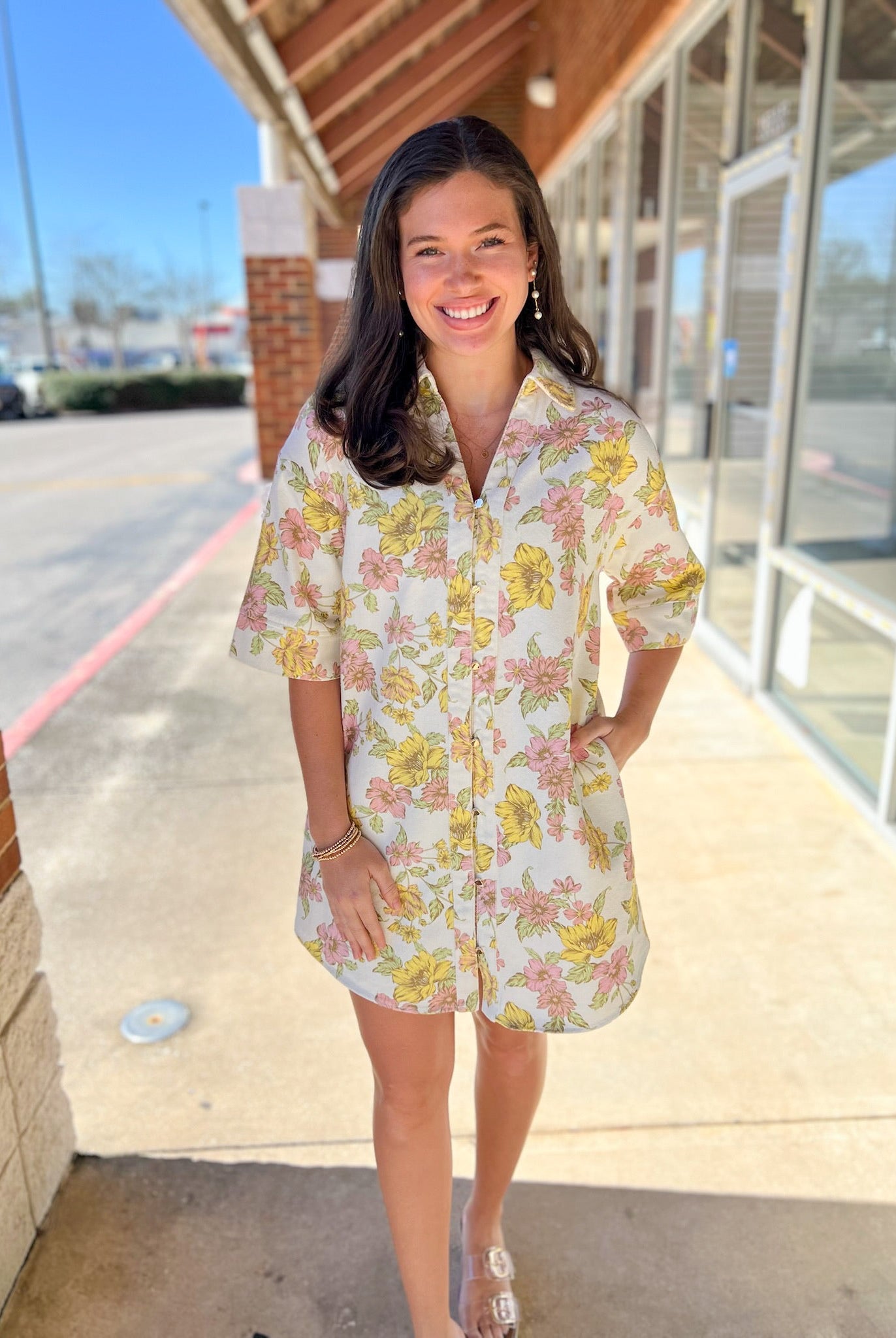 Pink and Yellow Floral Half Sleeve Shirt Dress - A'Bekah's Boutique
