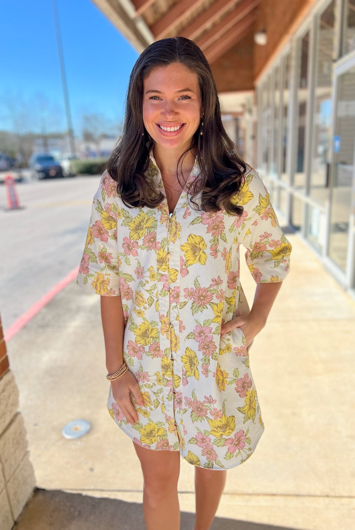 Pink and Yellow Floral Half Sleeve Shirt Dress - A'Bekah's Boutique