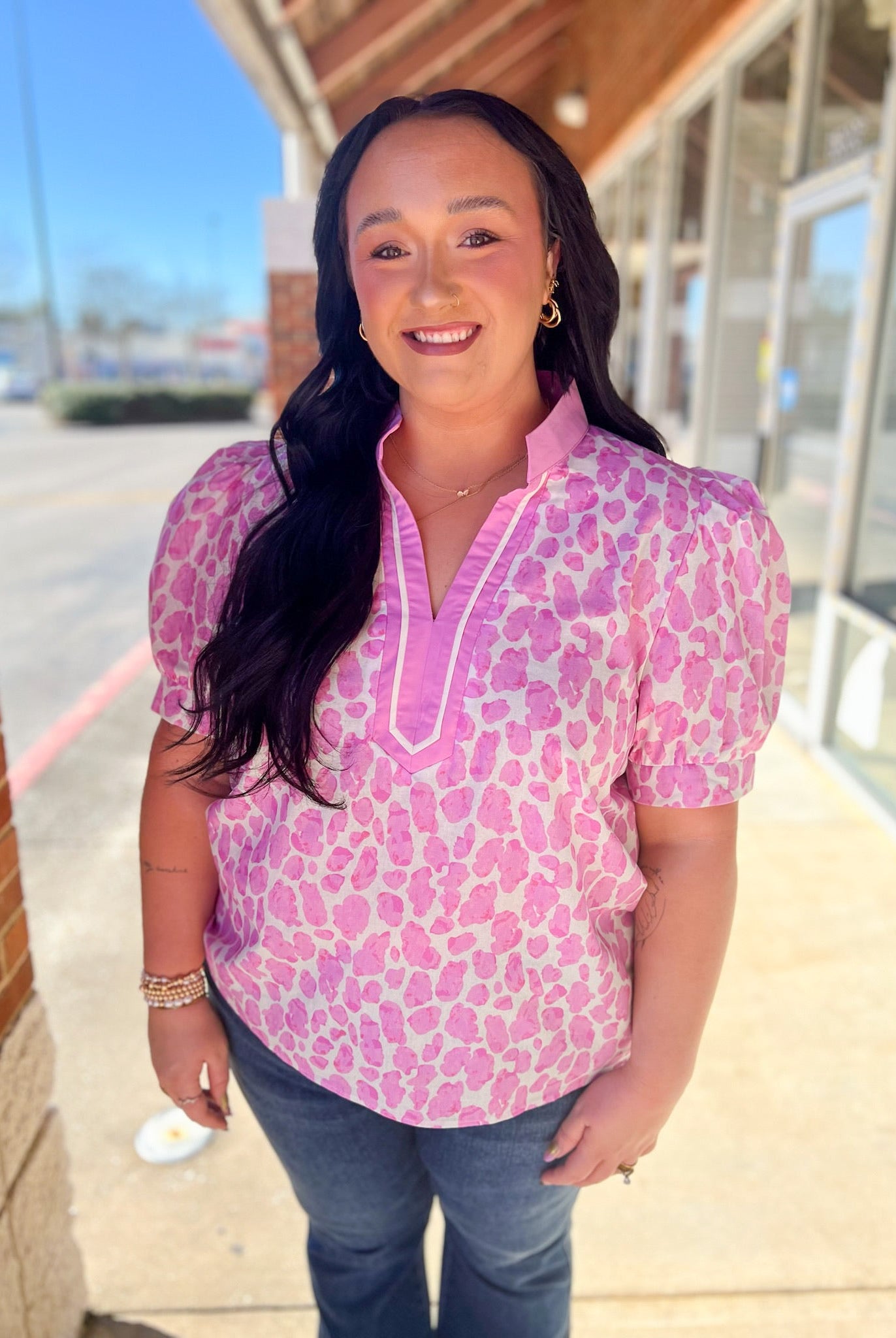 Pink Animal Print V - Neck Short Puff Sleeve Top (C) - A'Bekah's Boutique