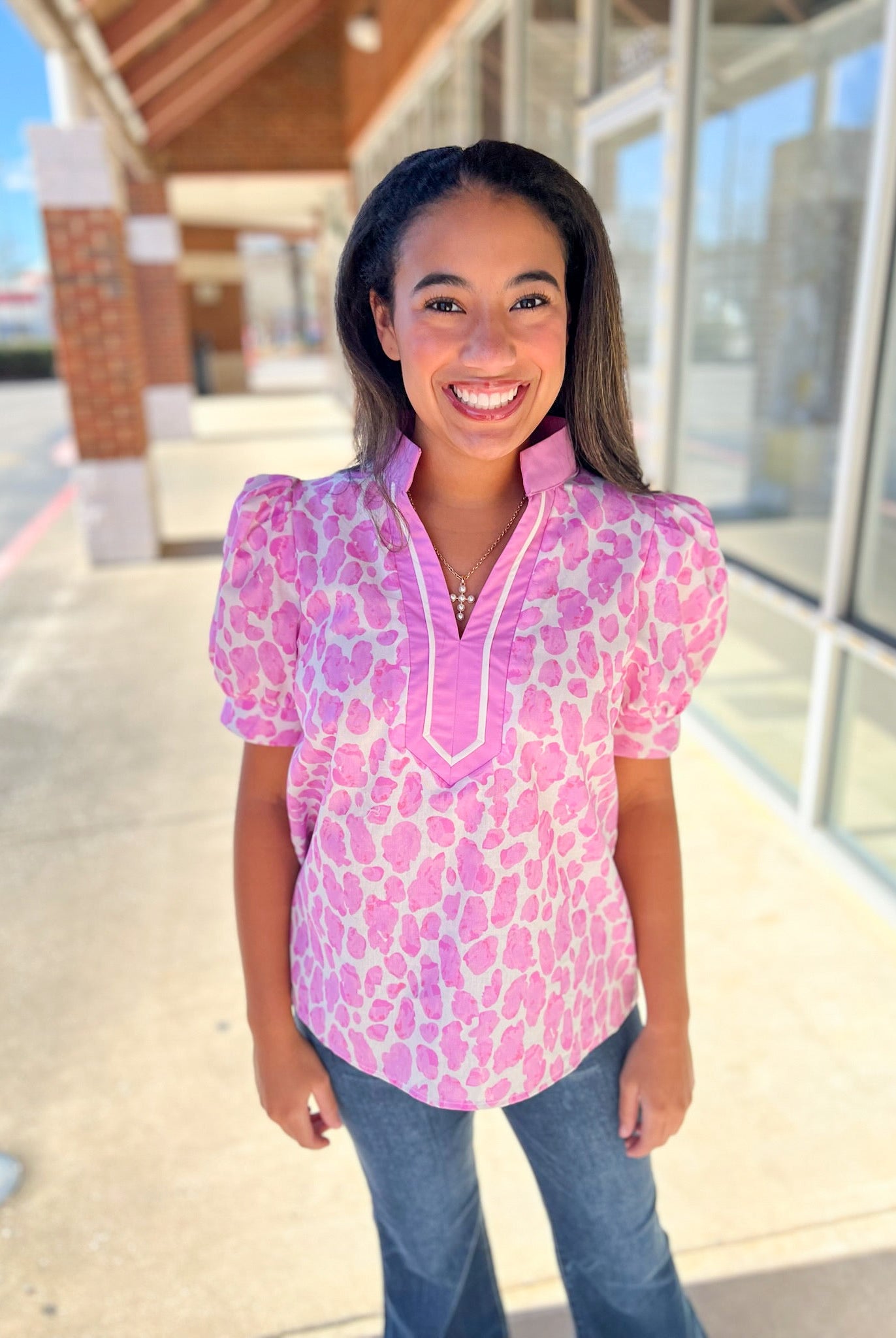 Pink Animal Print V - Neck Short Puff Sleeve Top (R) - A'Bekah's Boutique