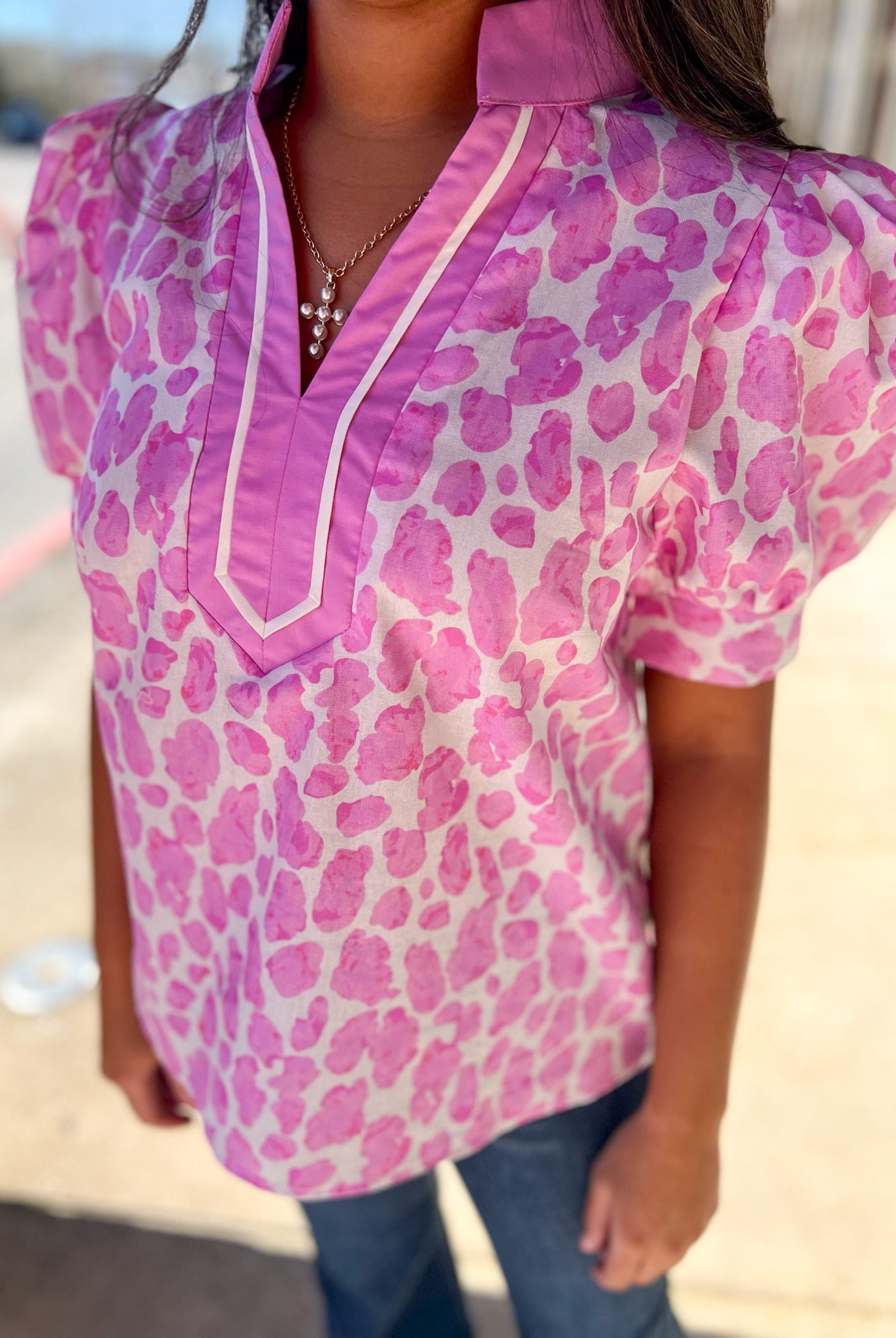Pink Animal Print V - Neck Short Puff Sleeve Top (R) - A'Bekah's Boutique